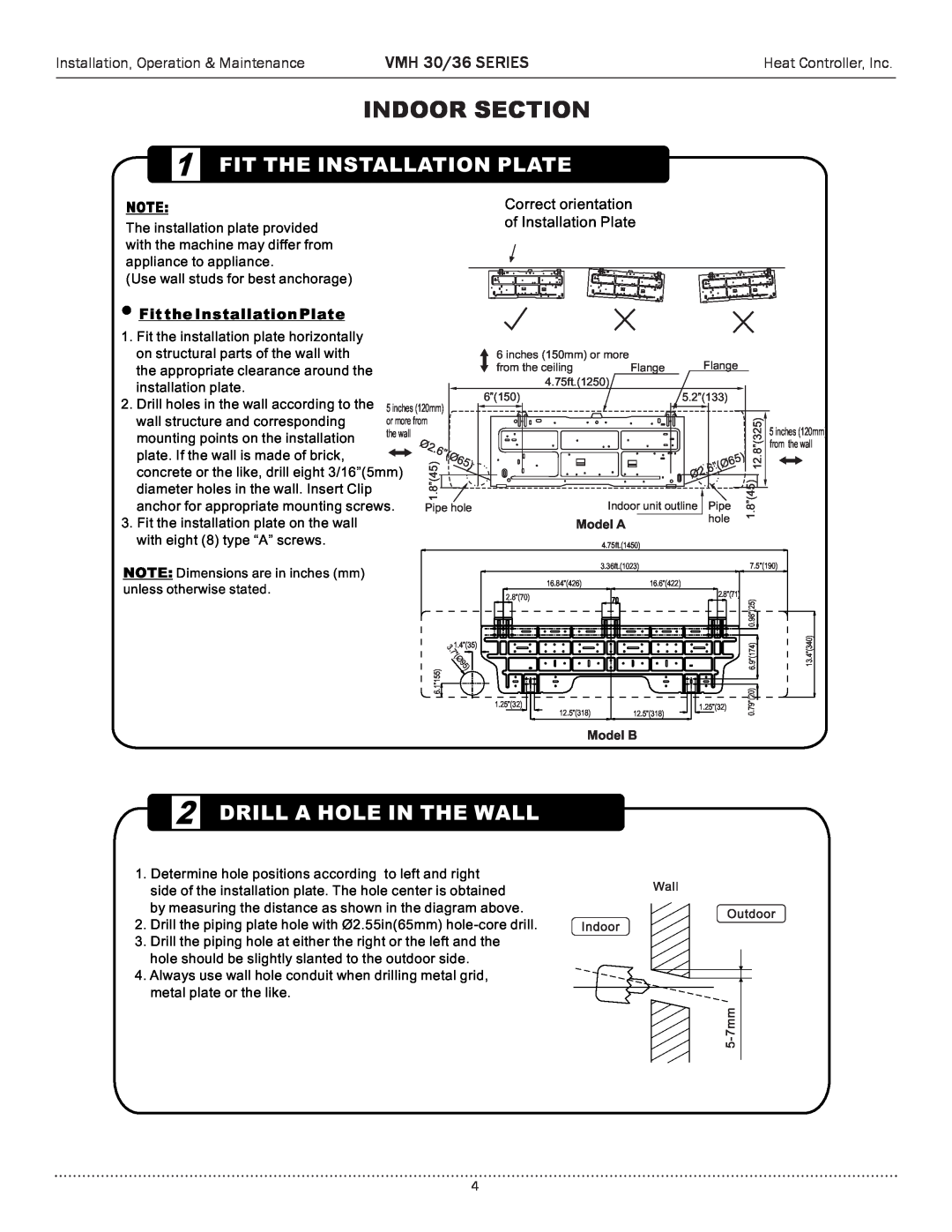 Heat Controller manual Indoor Section, 2DRILL A HOLE IN THE WALL, 1FIT THE INSTALLATION PLATE, VMH 30/36 SERIES 