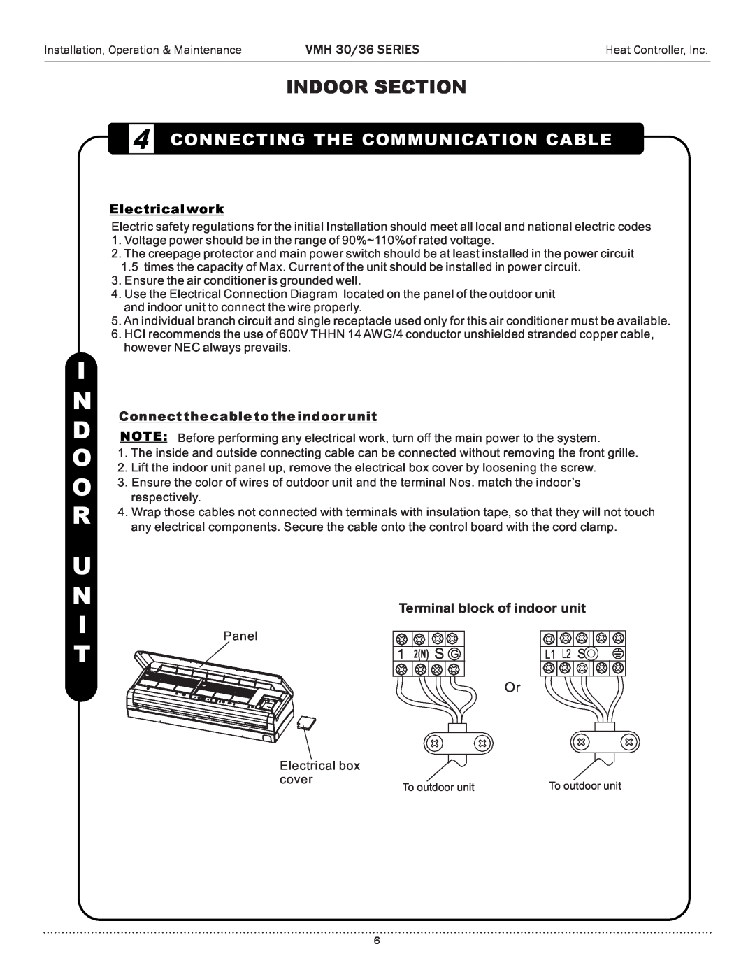 Heat Controller manual I N D O O R U N I T, 4CONNECTING THE COMMUNICATION CABLE, Indoor Section, VMH 30/36 SERIES 