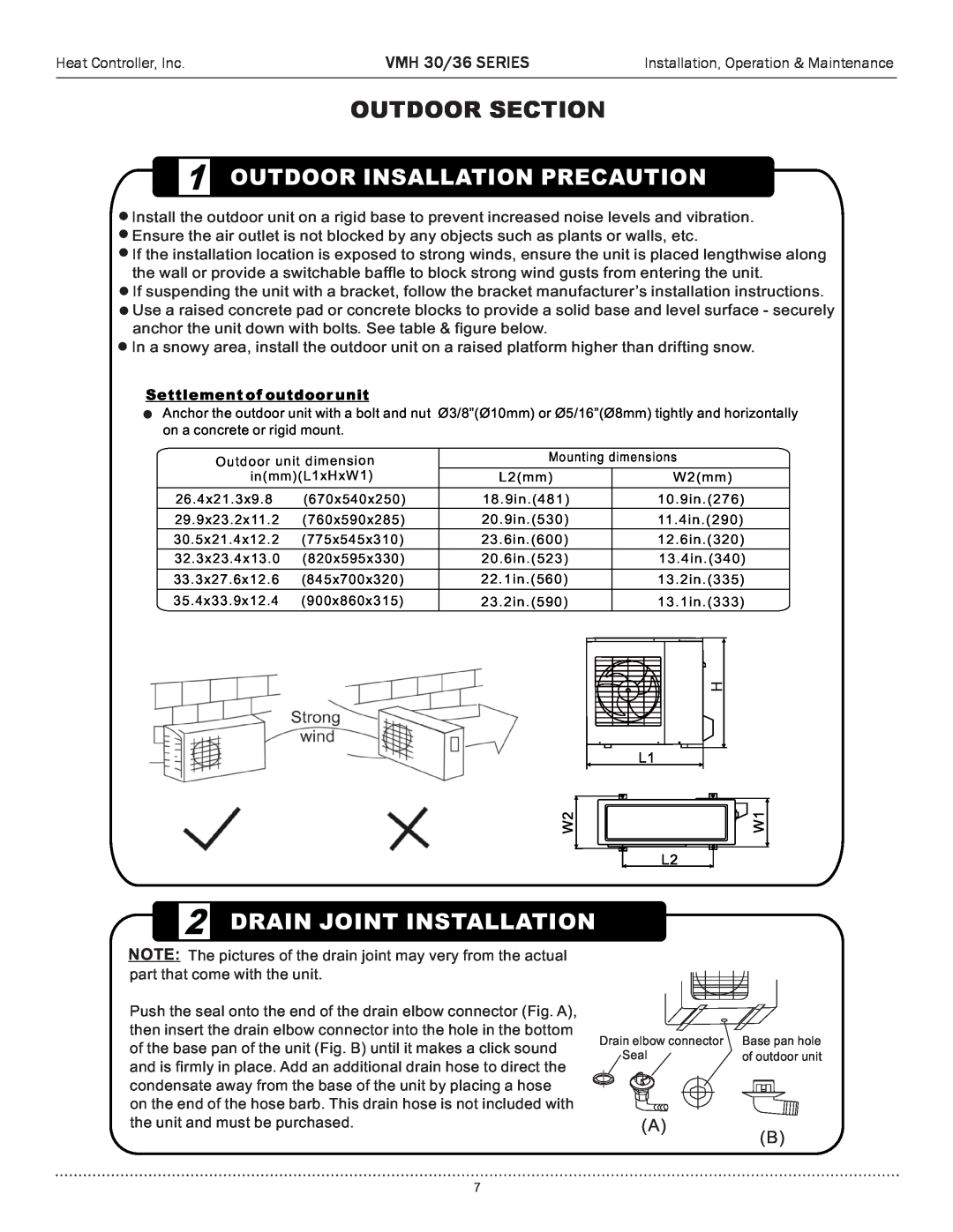 Heat Controller manual Outdoor Section, 1OUTDOOR INSALLATION PRECAUTION, 2DRAIN JOINT INSTALLATION, VMH 30/36 SERIES 