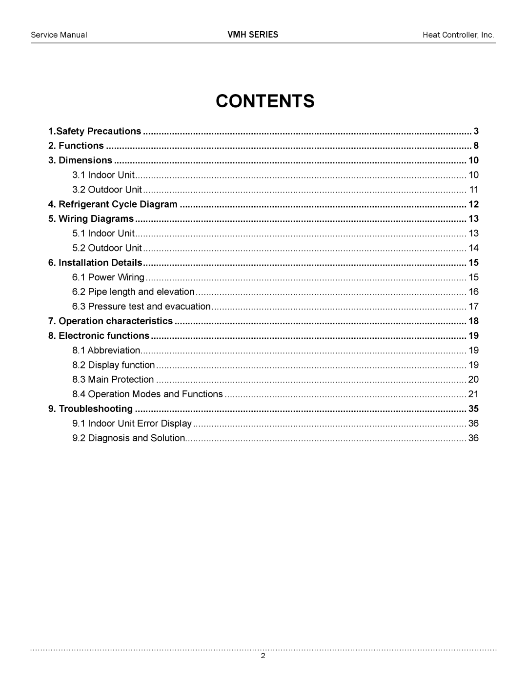 Heat Controller VMH09SC-1, VMH12SC-1, VMH24SC-1, VMH18SC-1 service manual Contents 