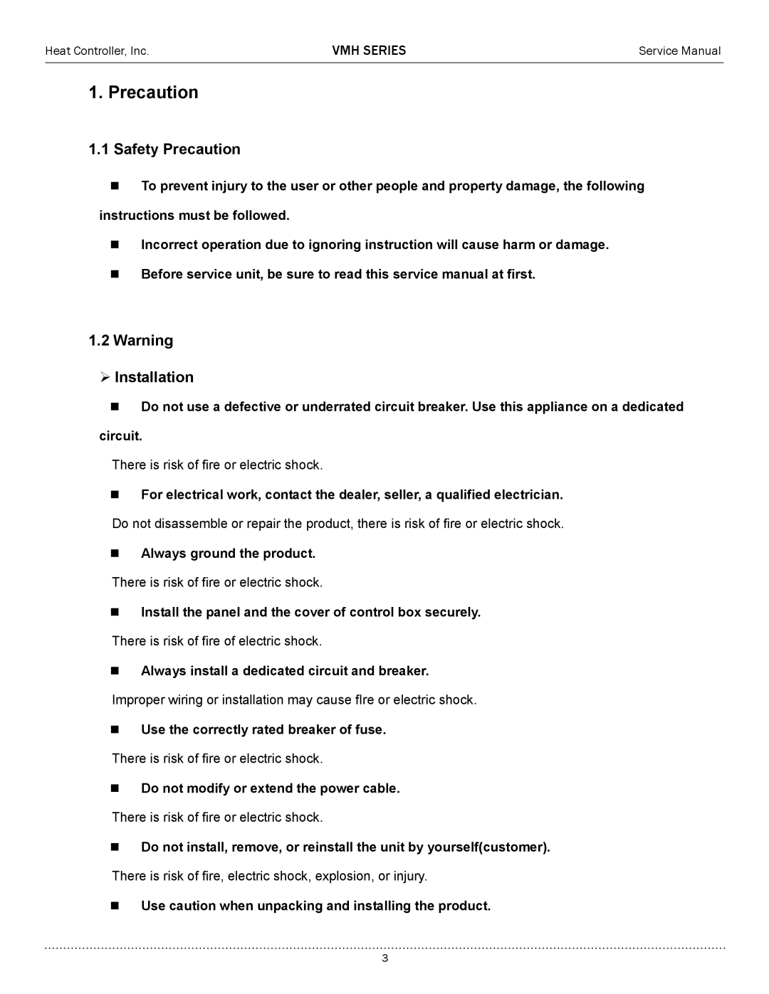 Heat Controller VMH18SC-1, VMH12SC-1, VMH24SC-1, VMH09SC-1 service manual Safety Precaution,  Installation 