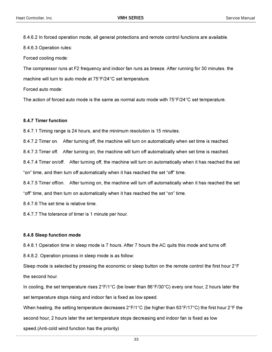 Heat Controller VMH24SC-1, VMH12SC-1, VMH09SC-1, VMH18SC-1 service manual Timer function, Sleep function mode 