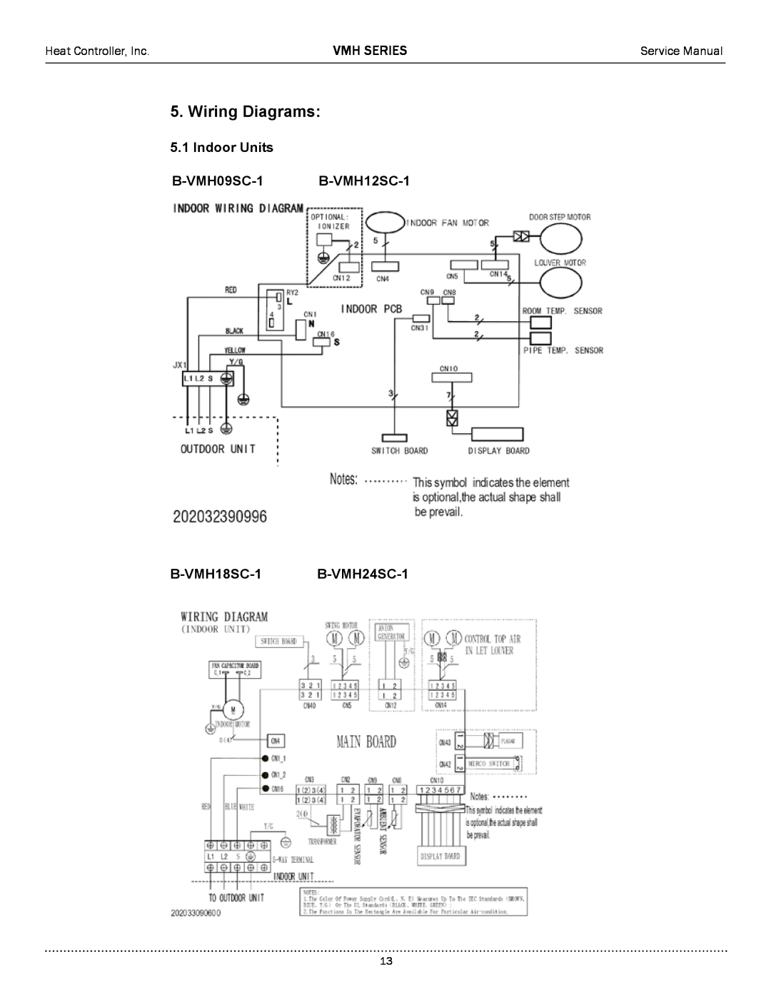 Heat Controller Wiring Diagrams, VMH Series, Indoor Units B-VMH09SC-1 B-VMH12SC-1, B-VMH18SC-1 B-VMH24SC-1 