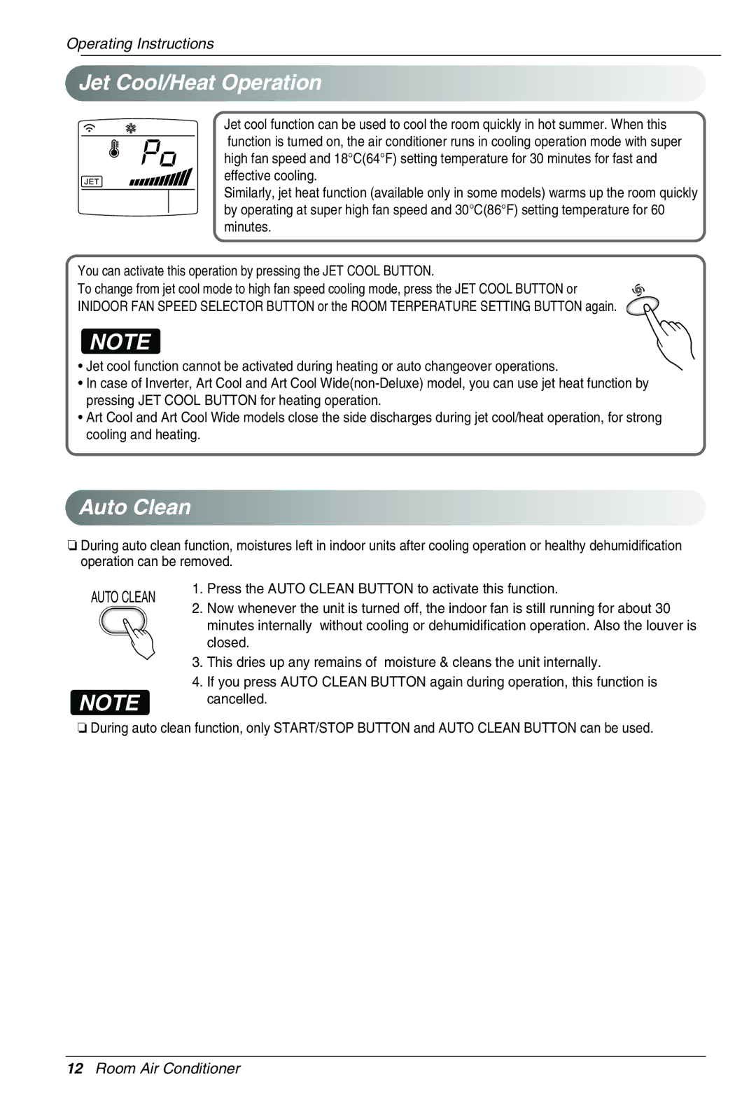 Heat Controller VMH24SB-1, VMH12SB-1, VMH18SB-1, VMH09SB-1 manual Jet Cool/Heat Operation, Auto Clean 