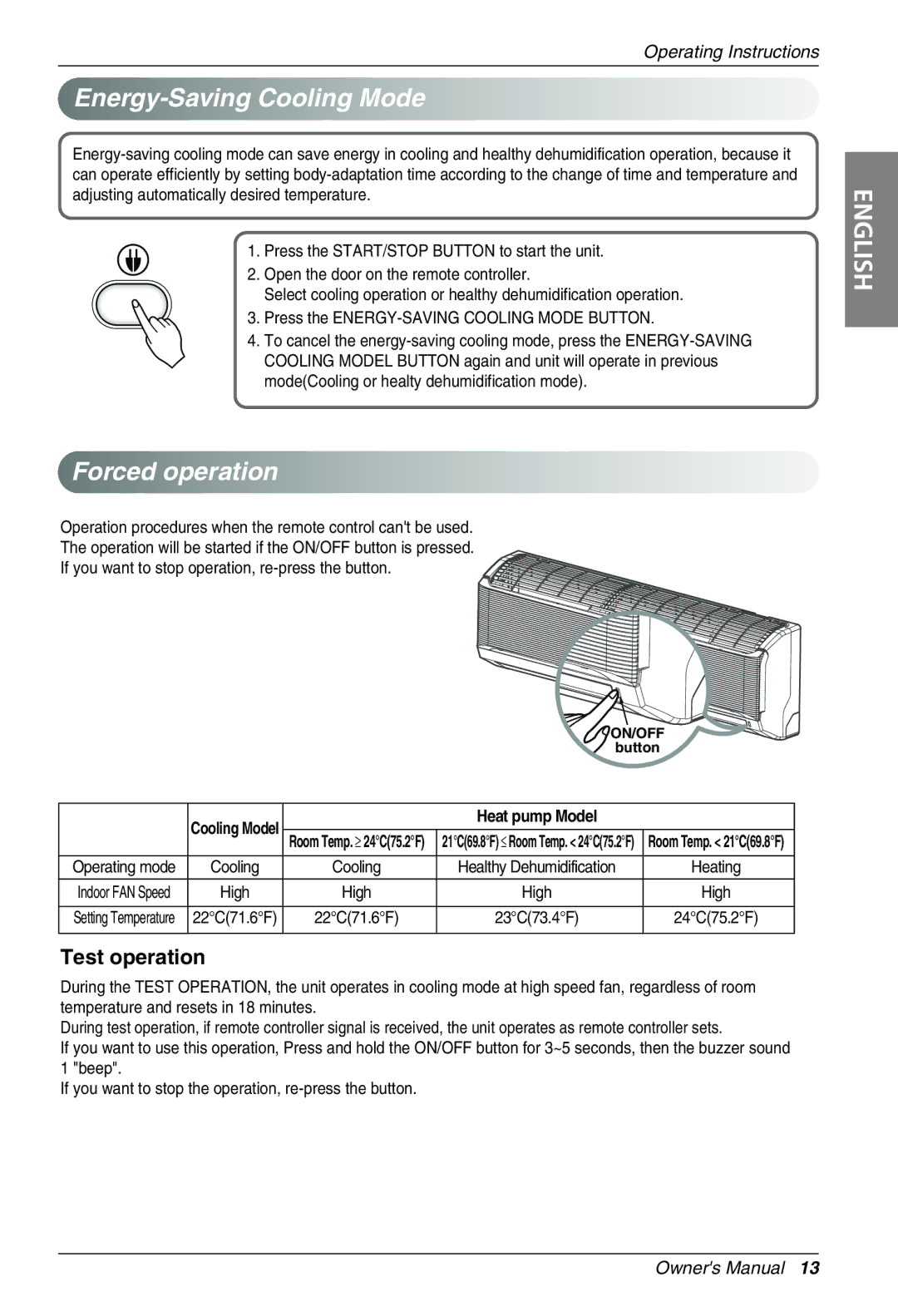 Heat Controller VMH12SB-1, VMH24SB-1, VMH18SB-1, VMH09SB-1 Energy-Saving Cooling Mode, Forced operation, Heat pump Model 