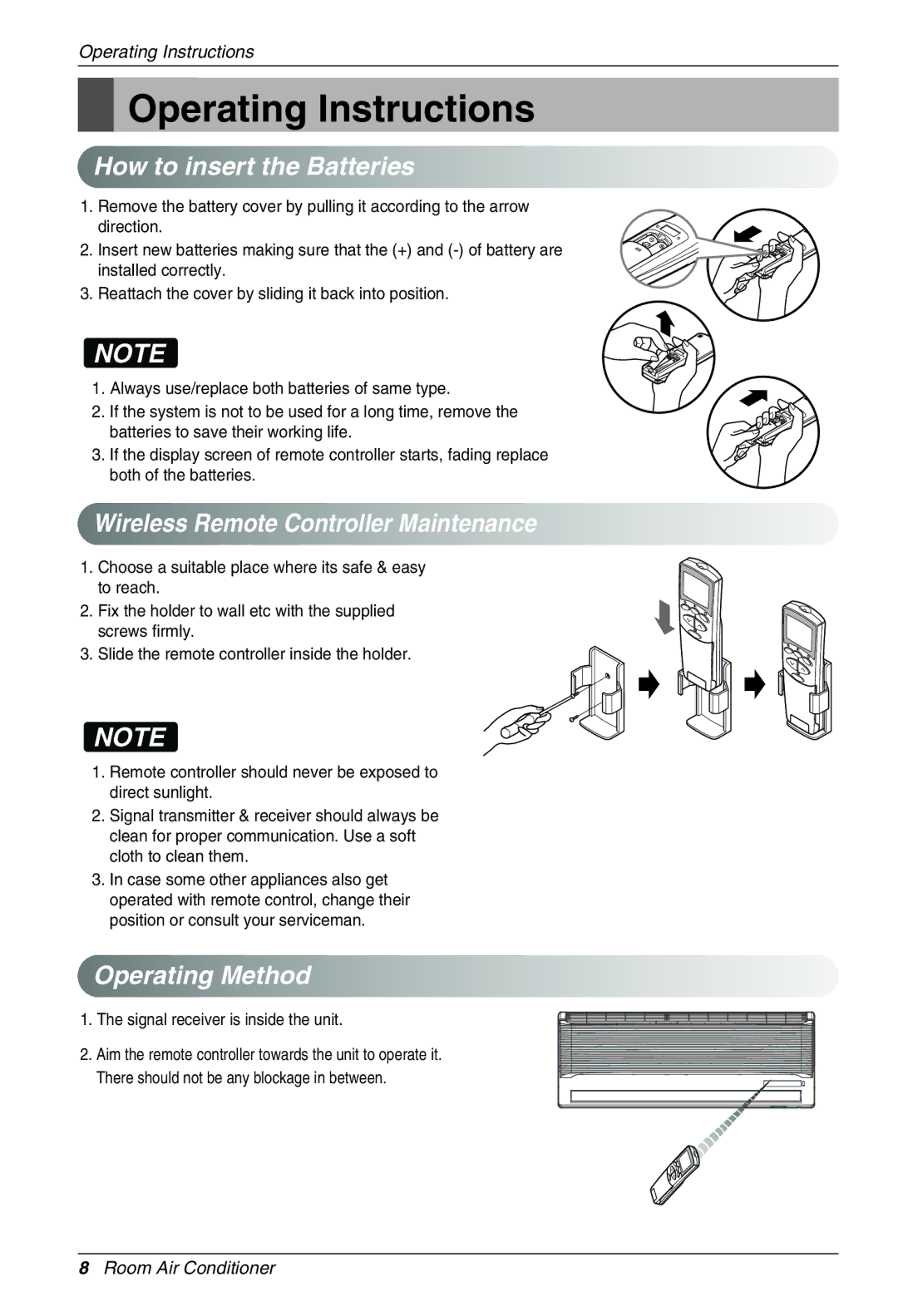 Heat Controller VMH24SB-1 Operating Instructions, How to insert the Batteries, Wireless Remote Controller Maintenance 