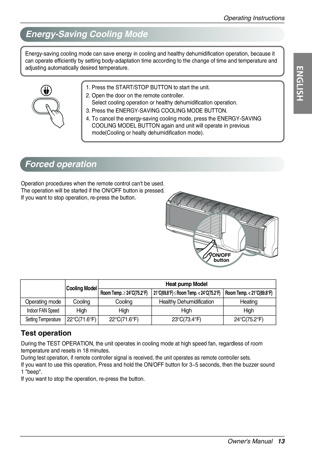 Heat Controller VMH12SB-1 manual Energy-SavingCoolingMode, Forcedoperation, Test operation, English, Operating Instructions 