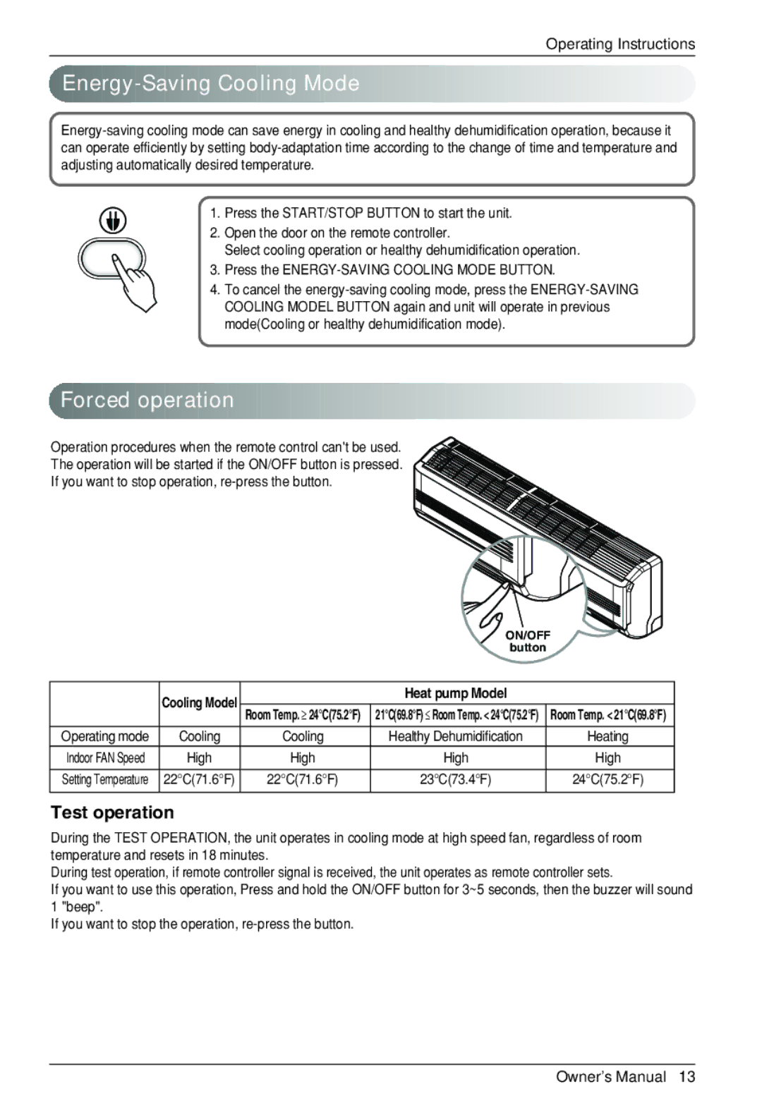 Heat Controller VMH30SB-1 specifications Energy-Saving Cooling Mode, Forced operation, Heat pump Model 