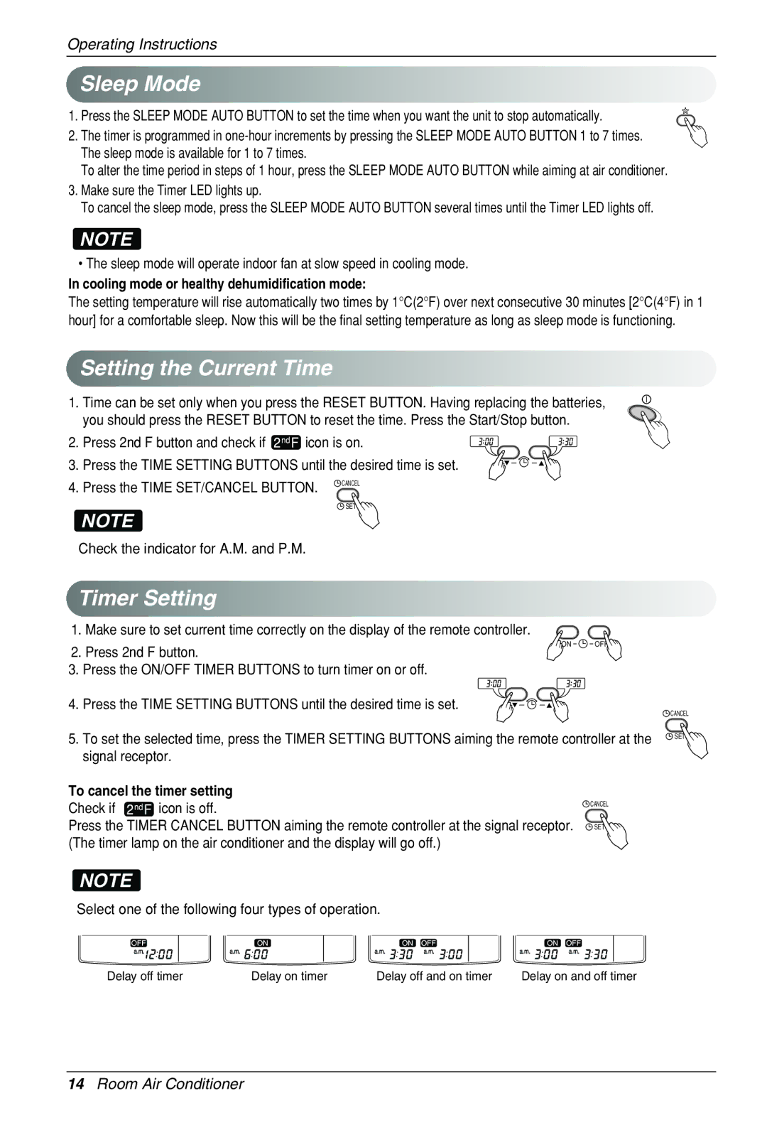 Heat Controller VMH30SB-1 specifications Sleep Mode, Setting the Current Time, Timer Setting, To cancel the timer setting 