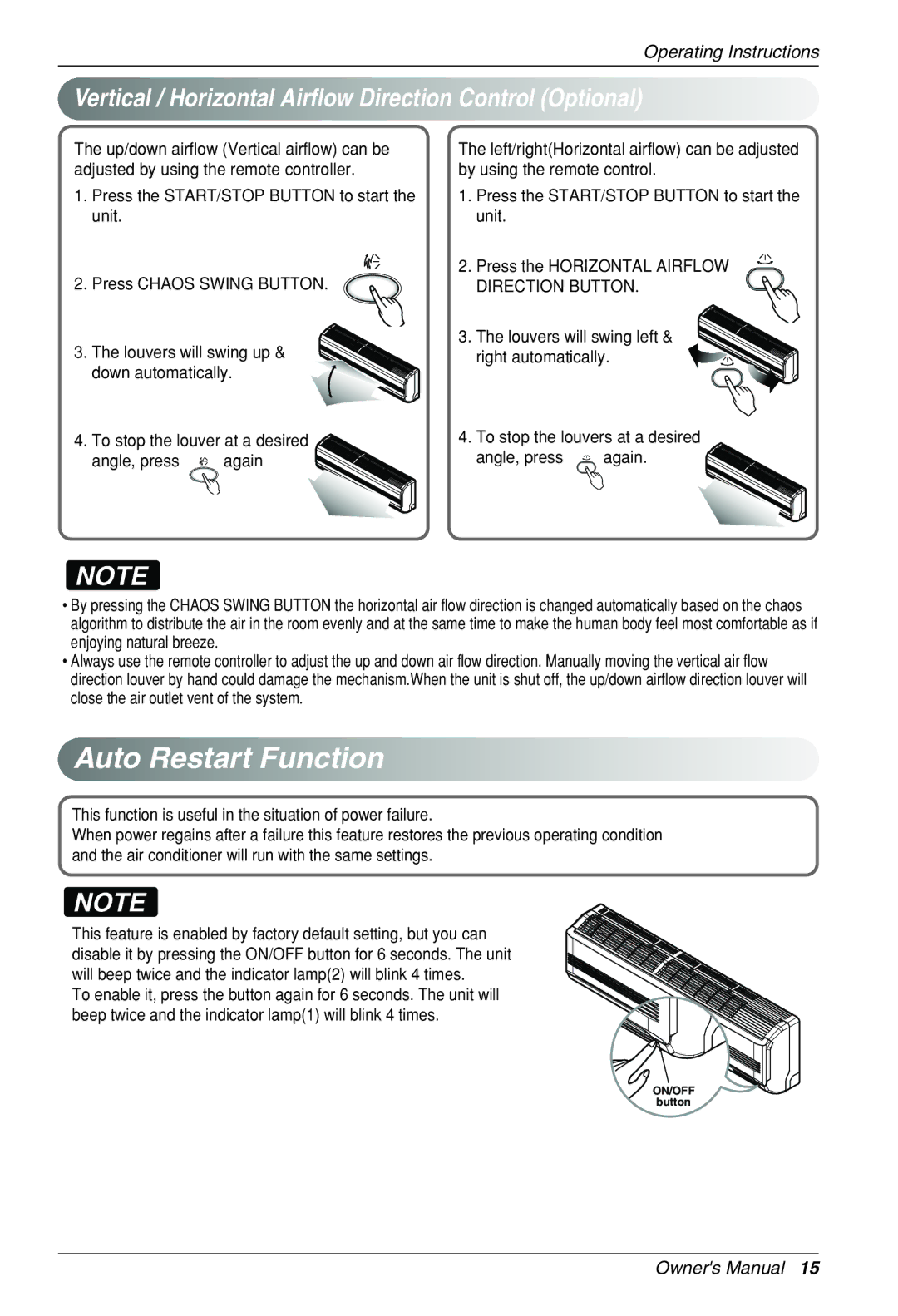 Heat Controller VMH30SB-1 specifications Vertical / Horizontal Airflow Direction Control Optional, Direction Button 