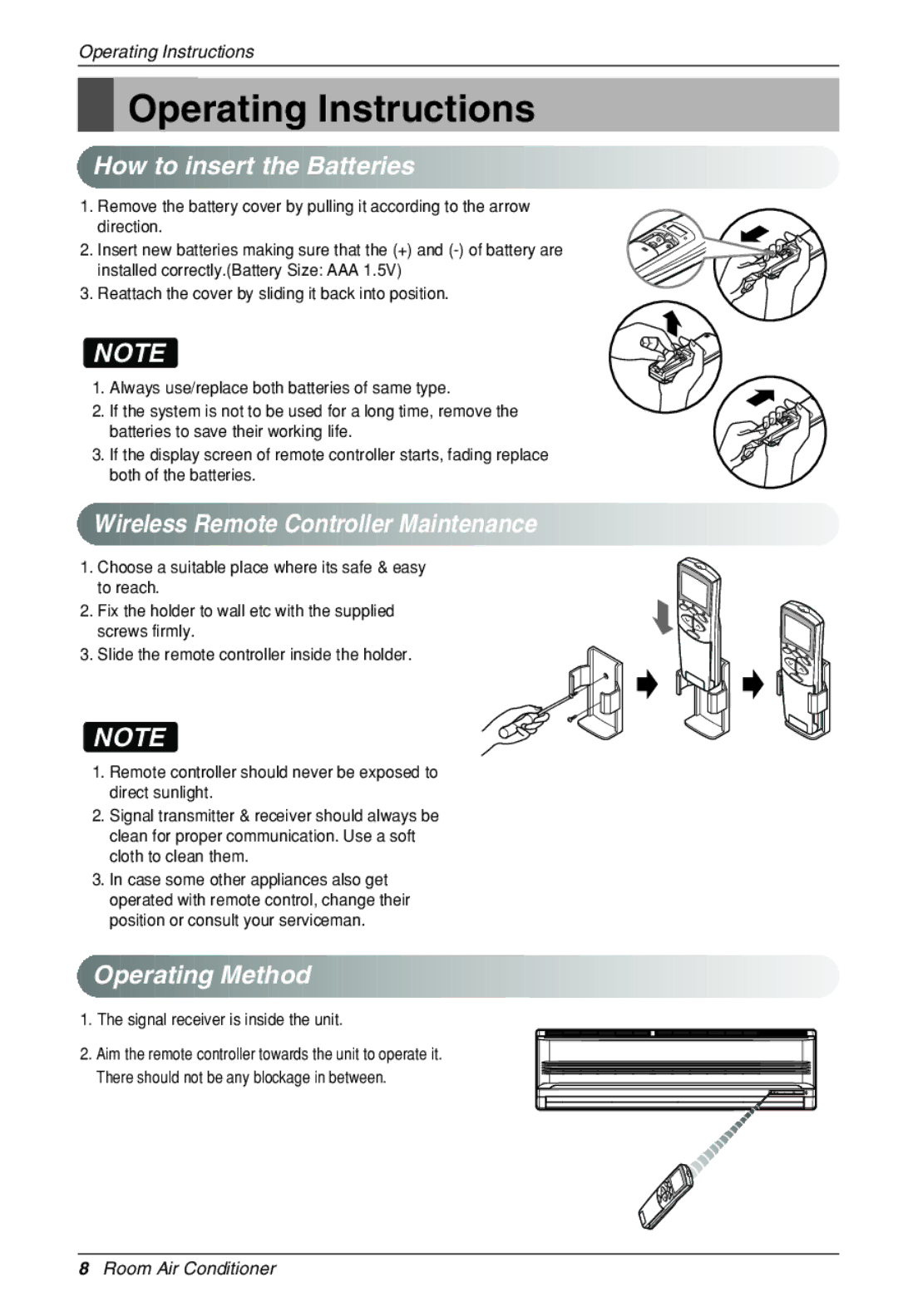 Heat Controller VMH30SB-1 Operating Instructions, How to insert the Batteries, Wireless Remote Controller Maintenance 