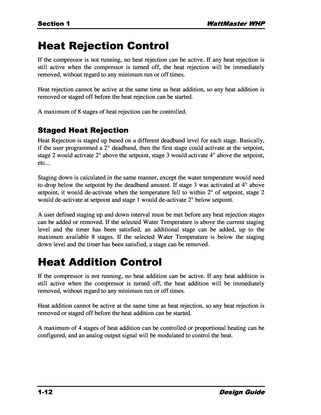 Heat Controller Water Source Heat Pump manual Heat Rejection Control, Heat Addition Control, Staged Heat Rejection 
