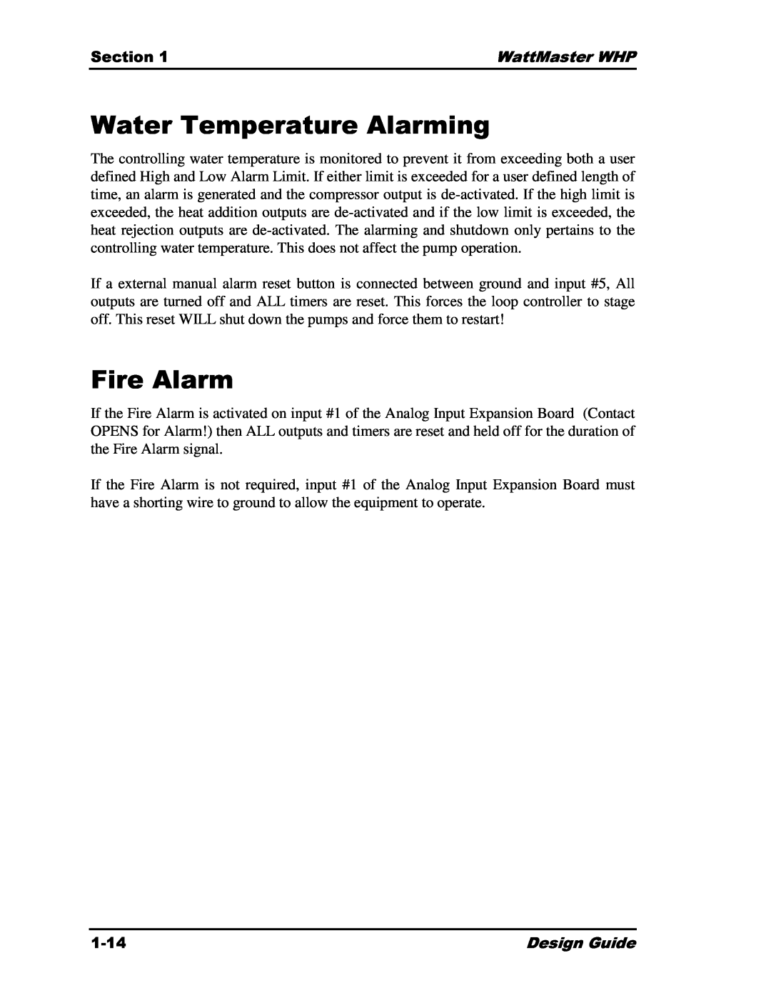 Heat Controller Water Source Heat Pump Water Temperature Alarming, Fire Alarm, Section, WattMaster WHP, 1-14, Design Guide 