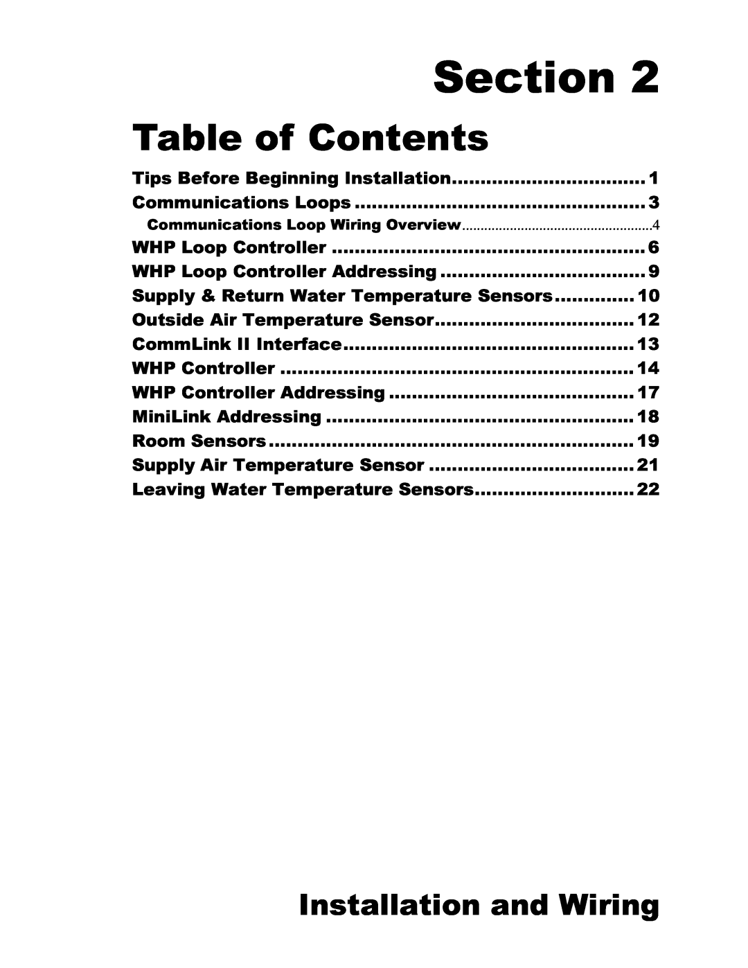 Heat Controller Water Source Heat Pump manual Installation and Wiring, Section, Table of Contents 