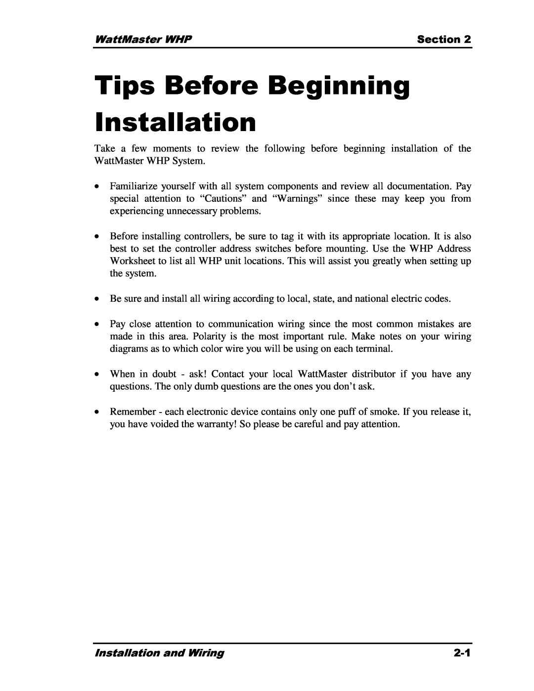 Heat Controller Water Source Heat Pump manual Tips Before Beginning Installation, WattMaster WHP, Section 
