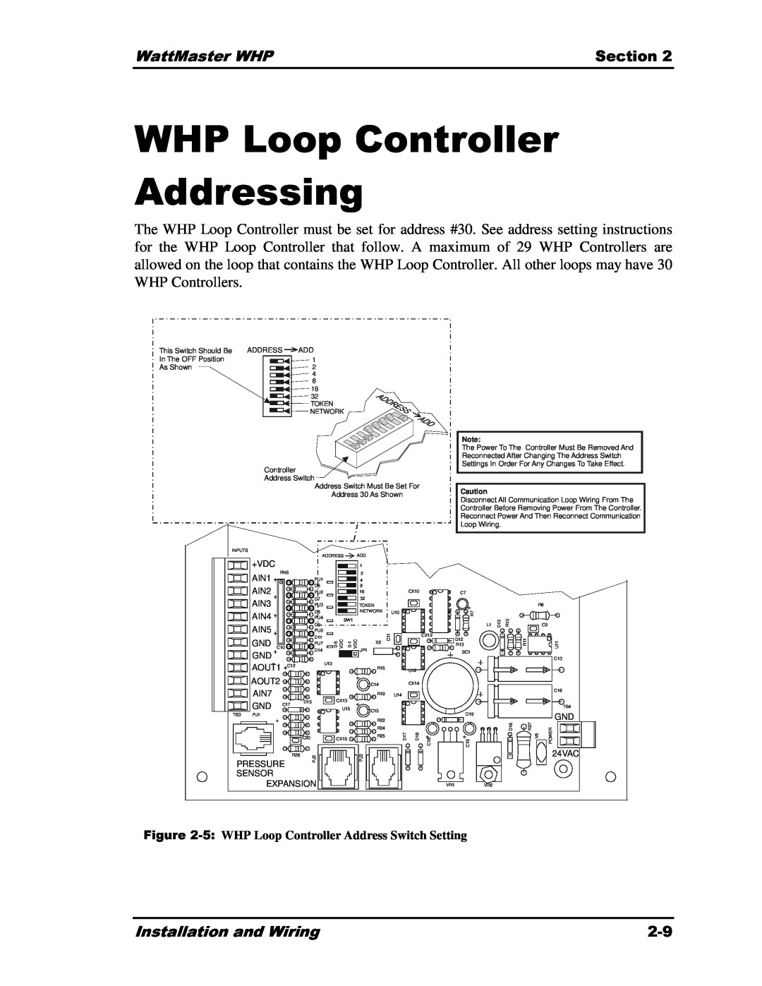Heat Controller Water Source Heat Pump WHP Loop Controller Addressing, 5, WattMaster WHP, Section, Installation and Wiring 