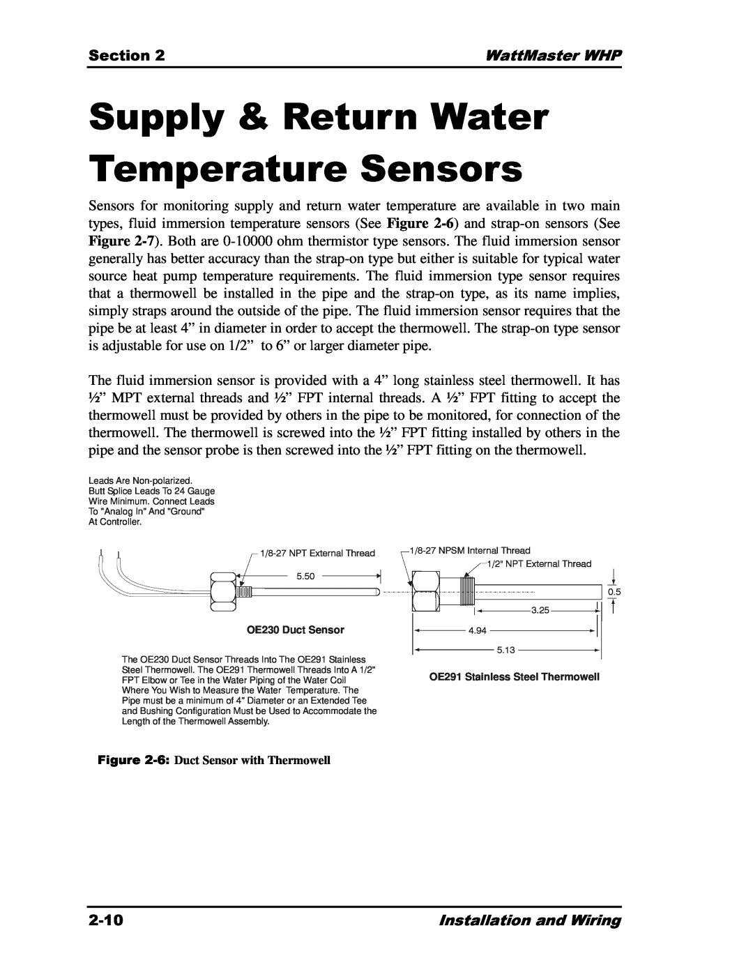Heat Controller Water Source Heat Pump manual 6, Supply & Return Water Temperature Sensors 