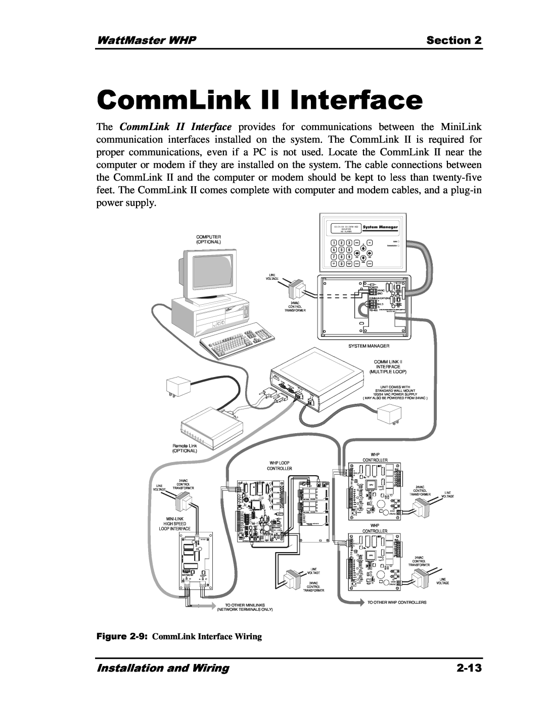 Heat Controller Water Source Heat Pump manual CommLink II Interface, WattMaster WHP, Section, 2-13, Installation and Wiring 