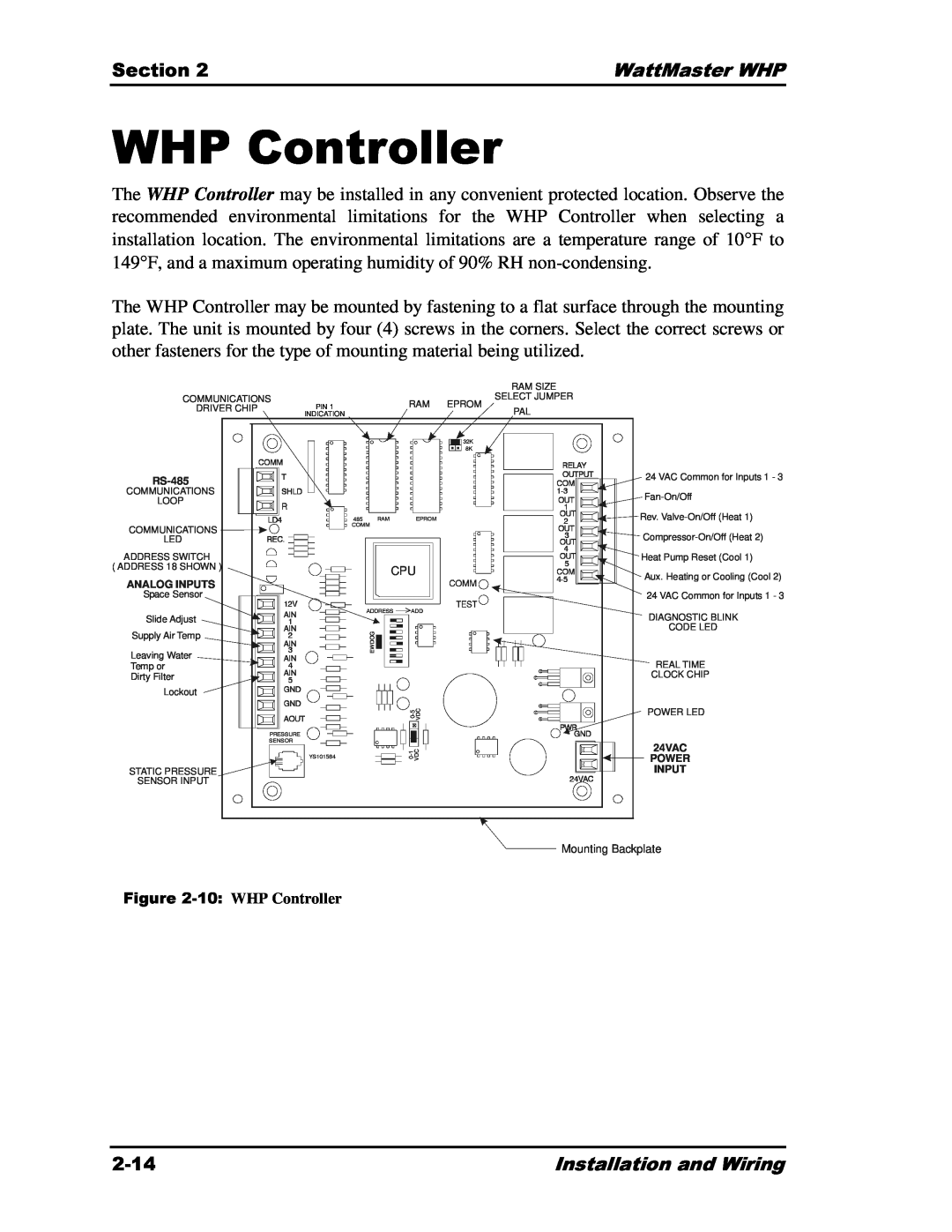 Heat Controller Water Source Heat Pump manual WHP Controller, PWRGND 24VAC, YS101564, AIN5, 4COM1COUT--RELAY5342153MUTPUT 