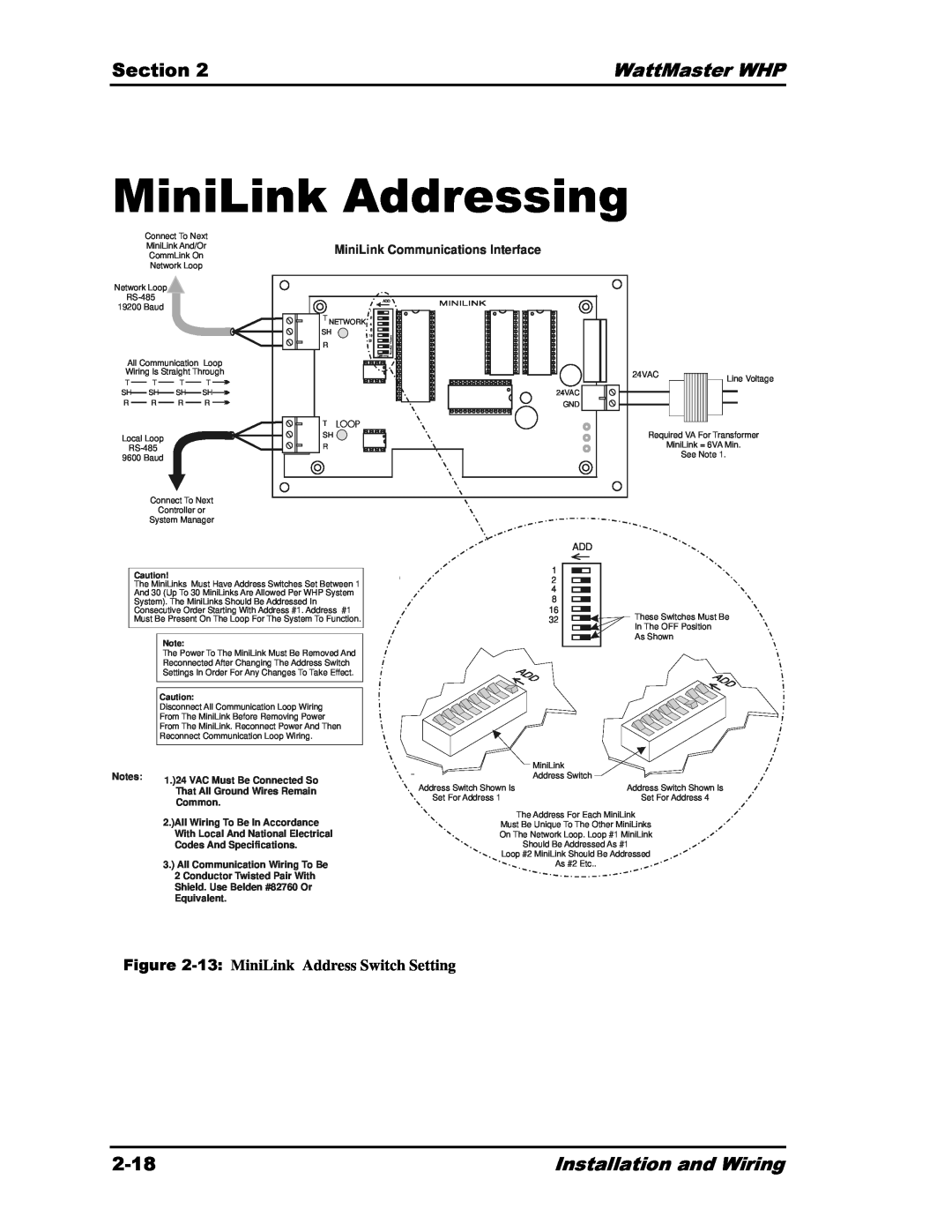 Heat Controller Water Source Heat Pump 13, MiniLink Addressing, Section, WattMaster WHP, 2-18, Installation and Wiring 