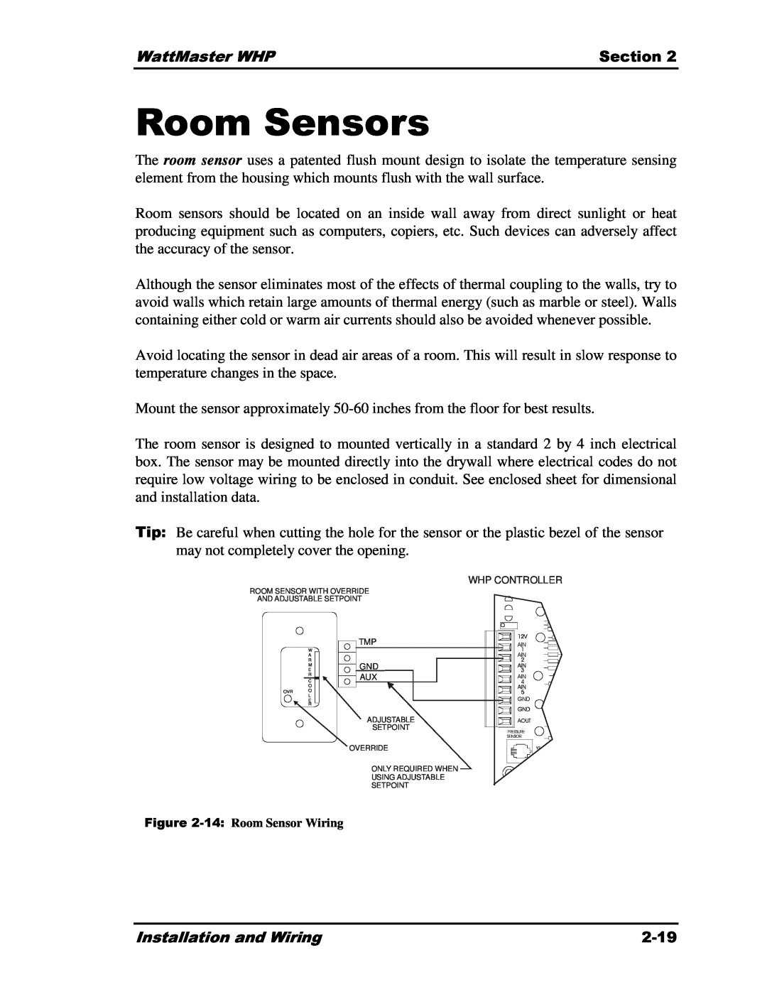 Heat Controller Water Source Heat Pump manual Room Sensors, 14, 2-19, Installation and Wiring 