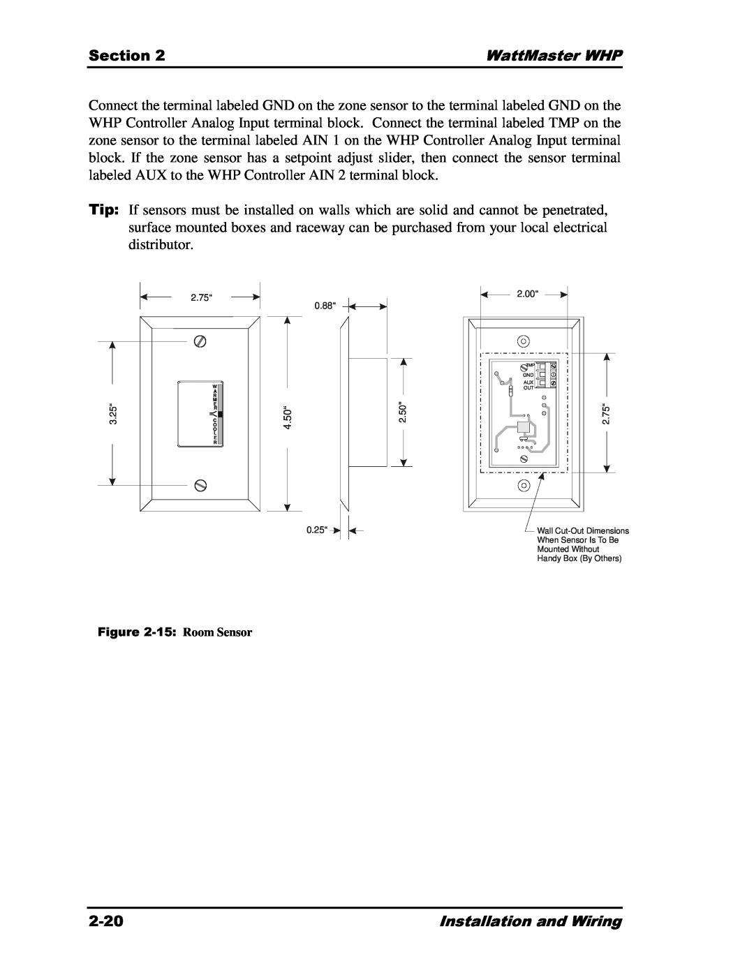 Heat Controller Water Source Heat Pump manual 15, Section, WattMaster WHP, 2-20, Installation and Wiring 