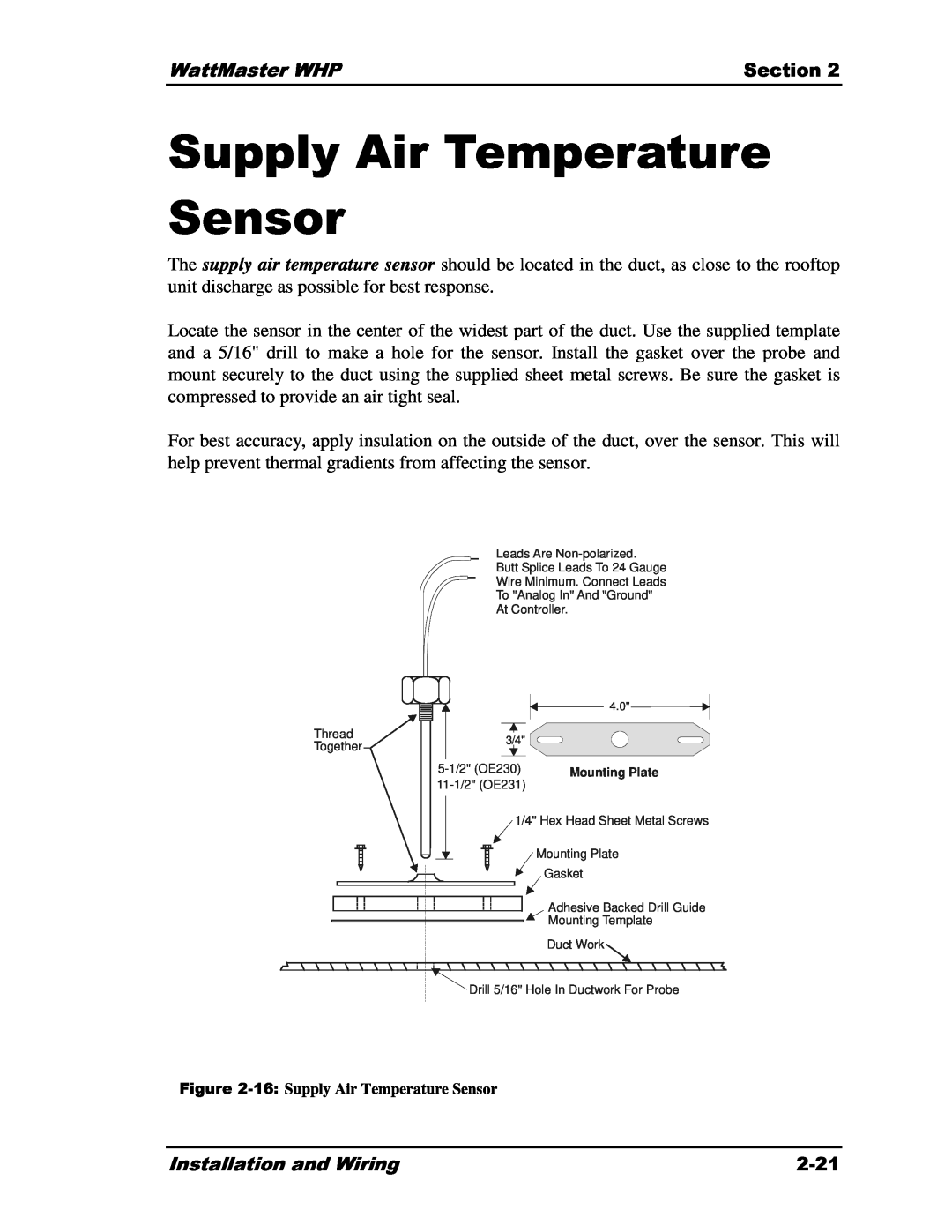 Heat Controller Water Source Heat Pump manual 16, Supply Air Temperature Sensor 