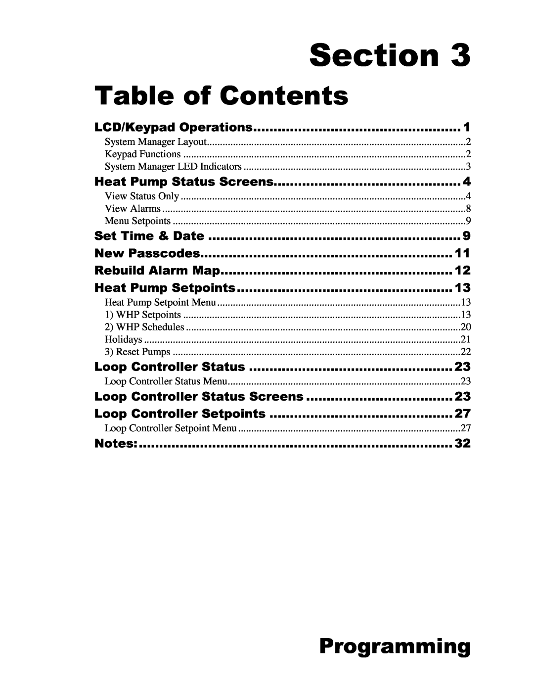 Heat Controller Water Source Heat Pump manual Programming, Section, Table of Contents 