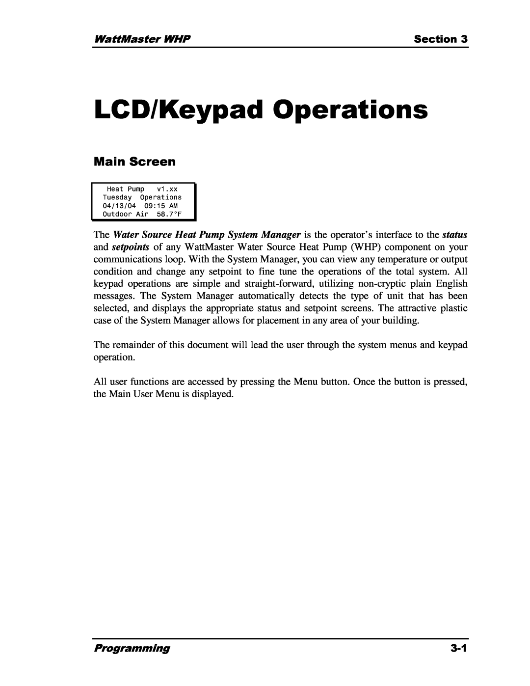 Heat Controller Water Source Heat Pump manual LCD/Keypad Operations, TuHatPumpv1xxesdayOperations 