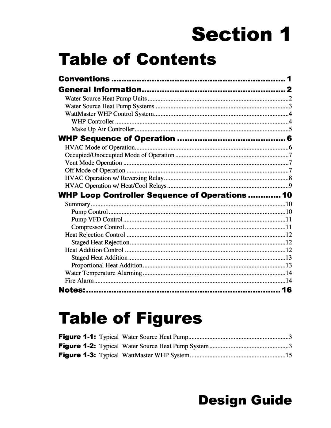 Heat Controller Water Source Heat Pump manual Section, Table of Contents, Table of Figures, Design Guide 