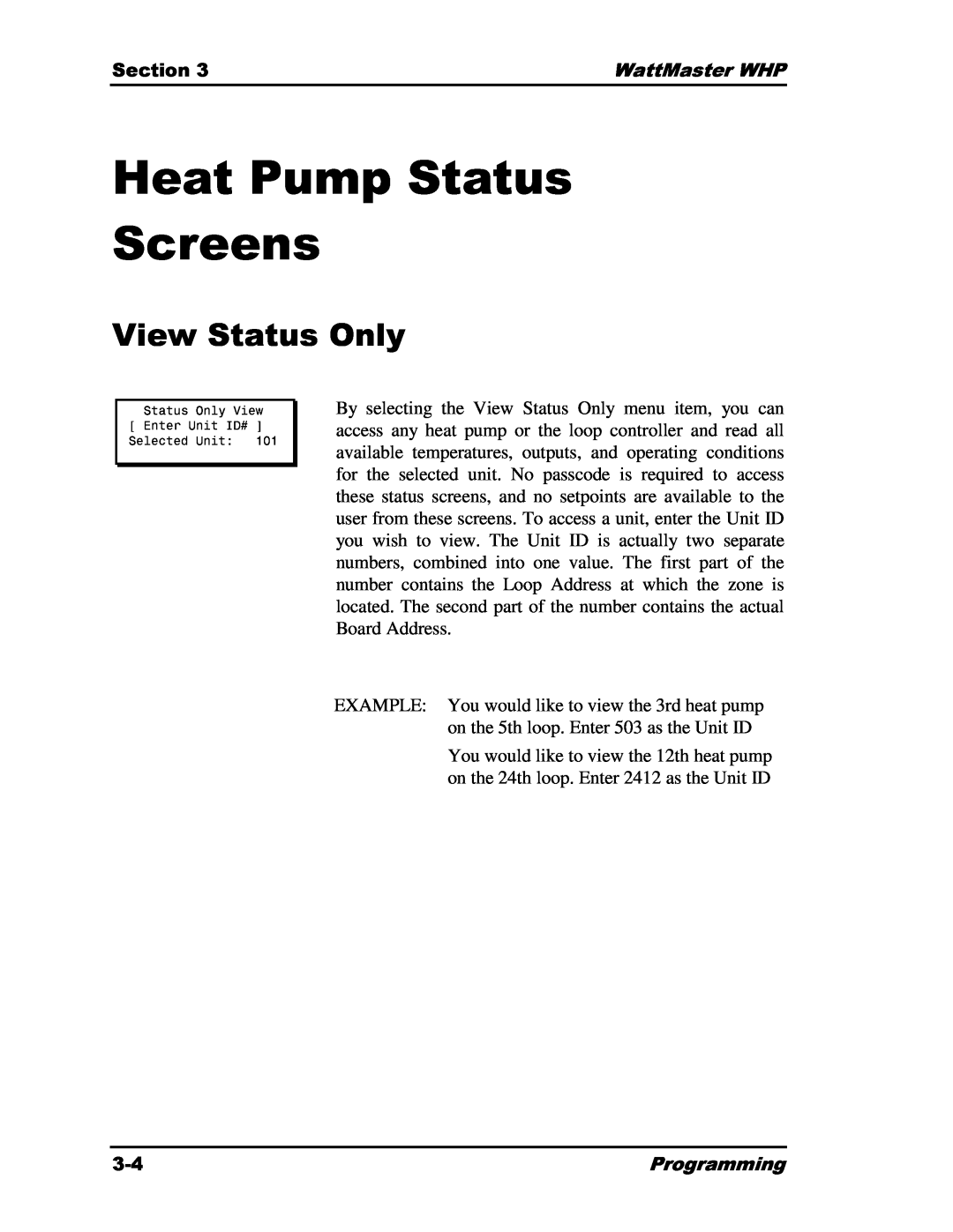 Heat Controller Water Source Heat Pump manual Heat Pump Status Screens, View Status Only, StausOlyView 