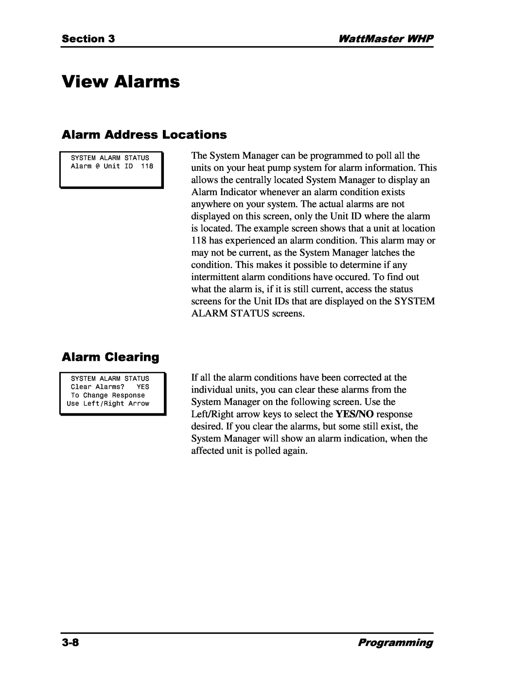 Heat Controller Water Source Heat Pump manual View Alarms, Alarm Address Locations, Alarm Clearing, Alarm@UnitID118 