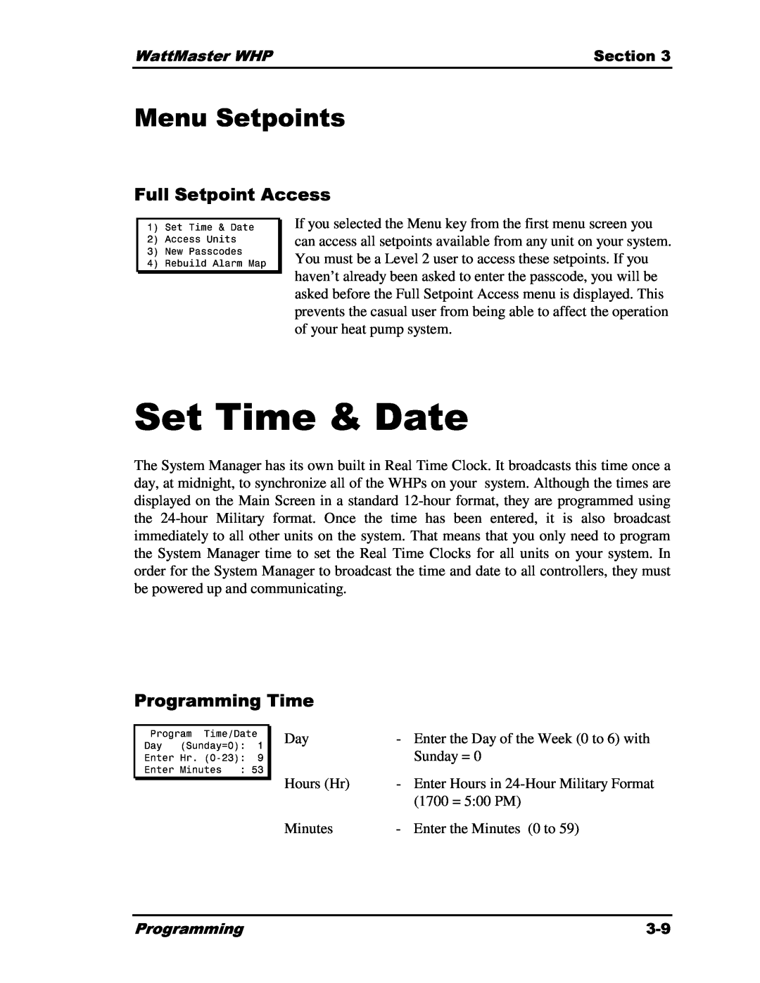 Heat Controller Water Source Heat Pump manual Set Time & Date, Menu Setpoints 