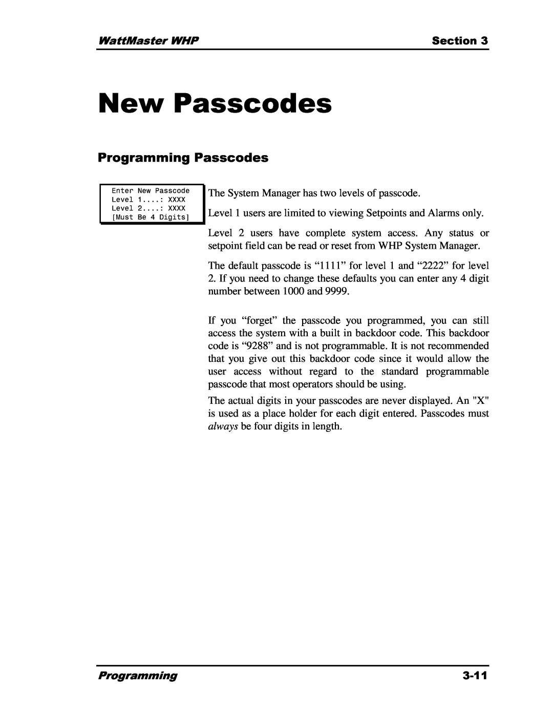 Heat Controller Water Source Heat Pump manual New Passcodes, Programming Passcodes 