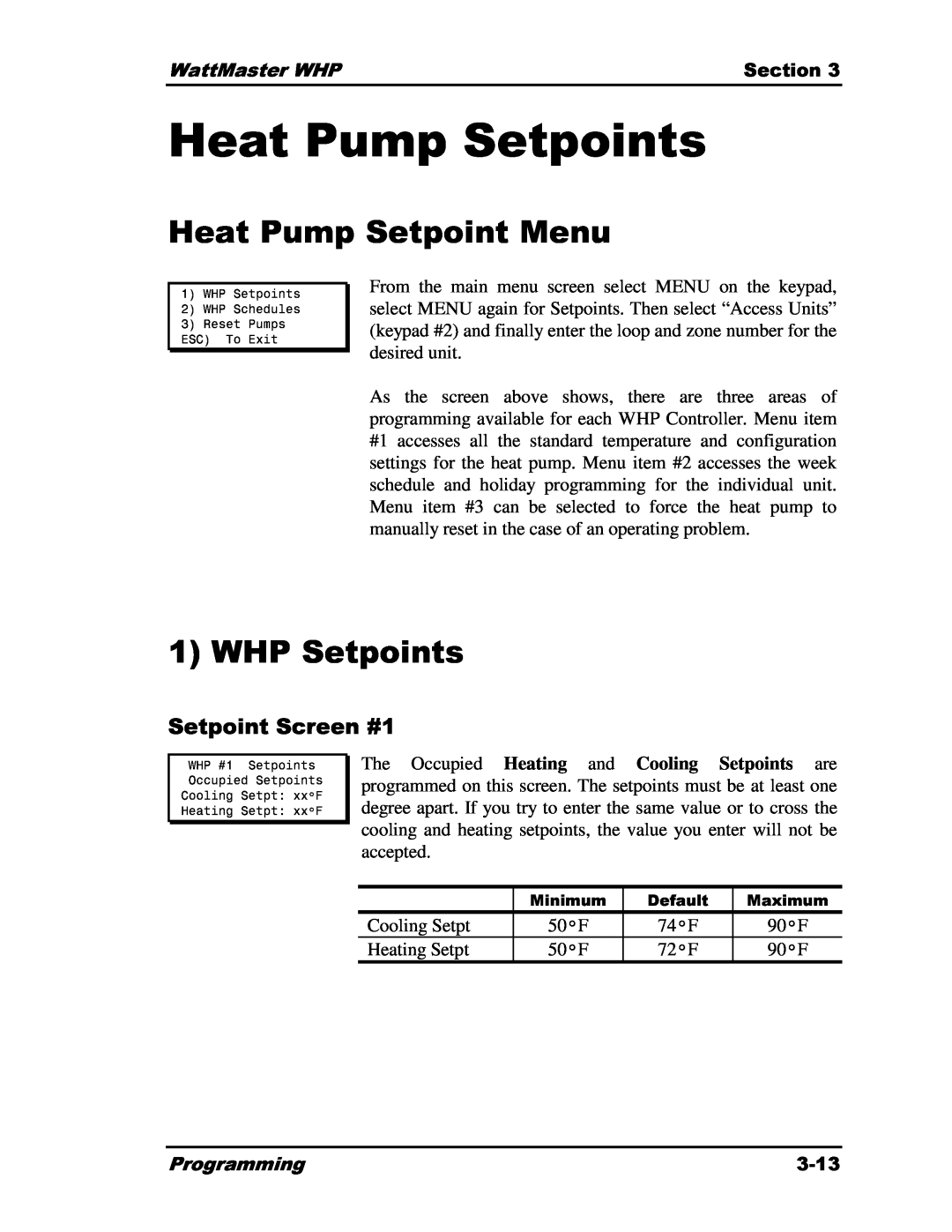 Heat Controller Water Source Heat Pump Heat Pump Setpoints, Heat Pump Setpoint Menu, WHP Setpoints, DefaultMaximum74F 90F 