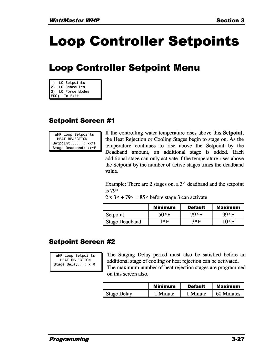 Heat Controller Water Source Heat Pump manual Loop Controller Setpoints, Loop Controller Setpoint Menu, tageDeadband 