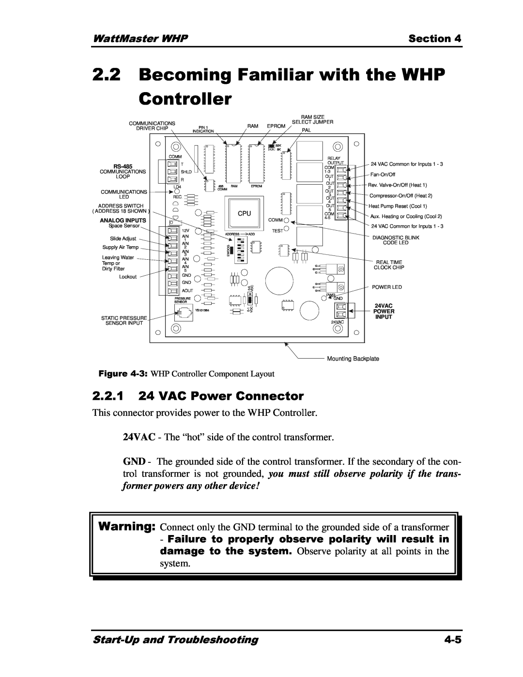Heat Controller Water Source Heat Pump 2.2Becoming Familiar with the WHP Controller, 2.2.1, WattMaster WHP, Section, 4VAC 
