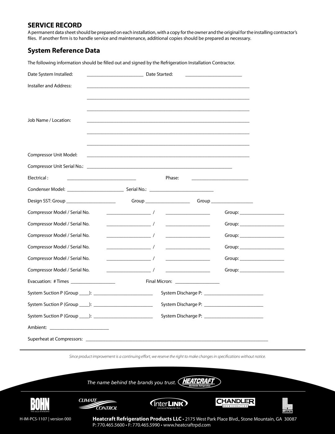 Heatcraft Refrigeration Products 25000102 operation manual Service Record, System Reference Data 