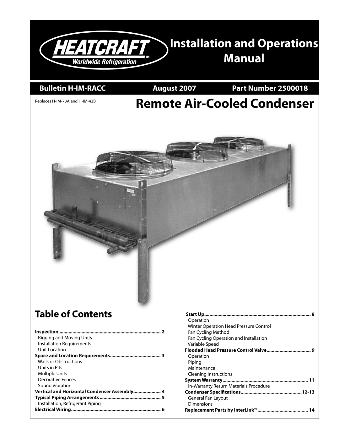 Heatcraft Refrigeration Products 2500018 warranty Installation and Operations Manual 