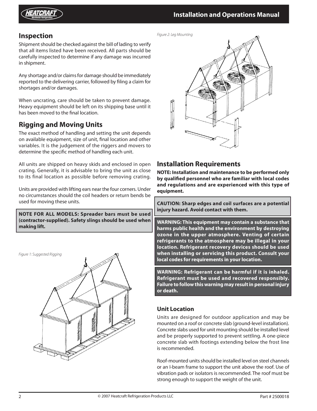 Heatcraft Refrigeration Products 2500018 Inspection, Rigging and Moving Units, Installation Requirements, Unit Location 