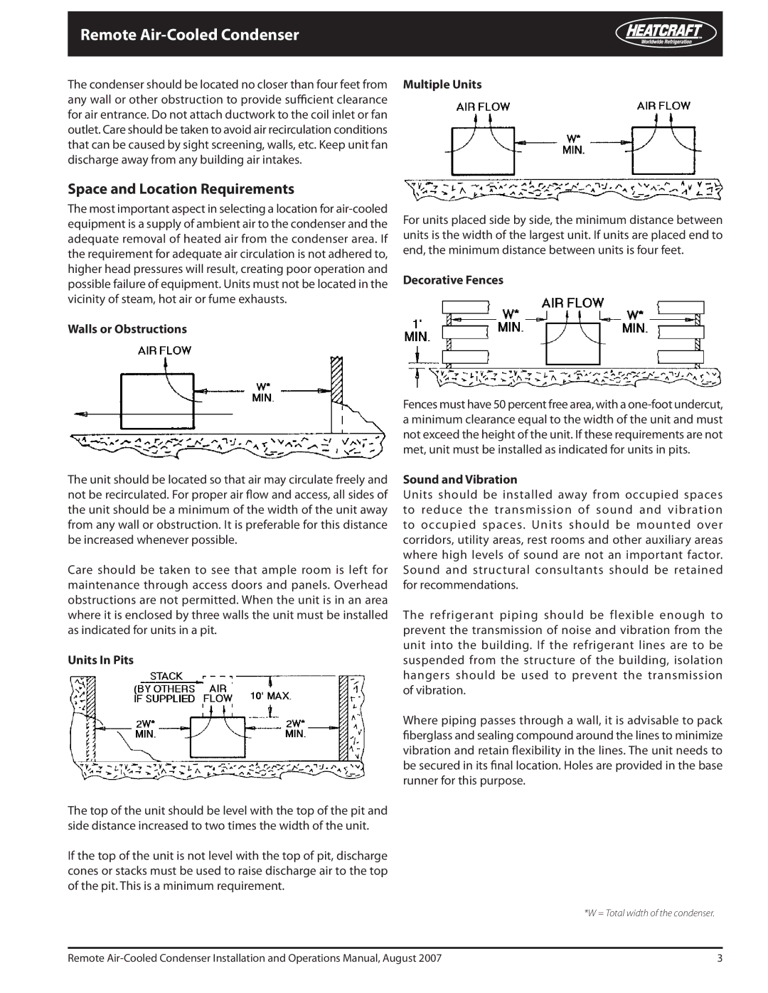 Heatcraft Refrigeration Products 2500018 warranty Remote Air-Cooled Condenser, Space and Location Requirements 