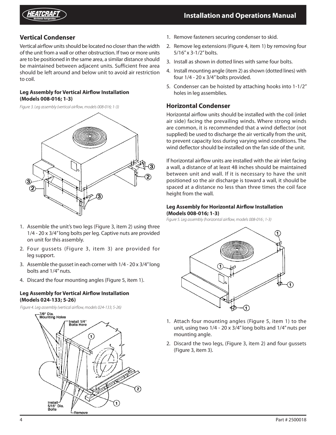 Heatcraft Refrigeration Products 2500018 warranty Vertical Condenser, Horizontal Condenser 