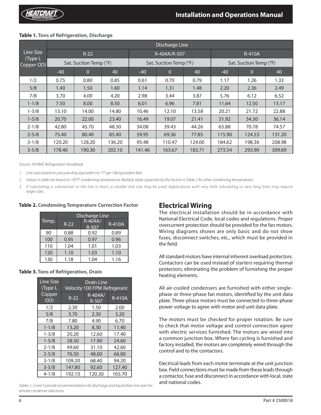 Heatcraft Refrigeration Products 2500018 Electrical Wiring, Tons of Refrigeration, Discharge, Tons of Refrigeration, Drain 