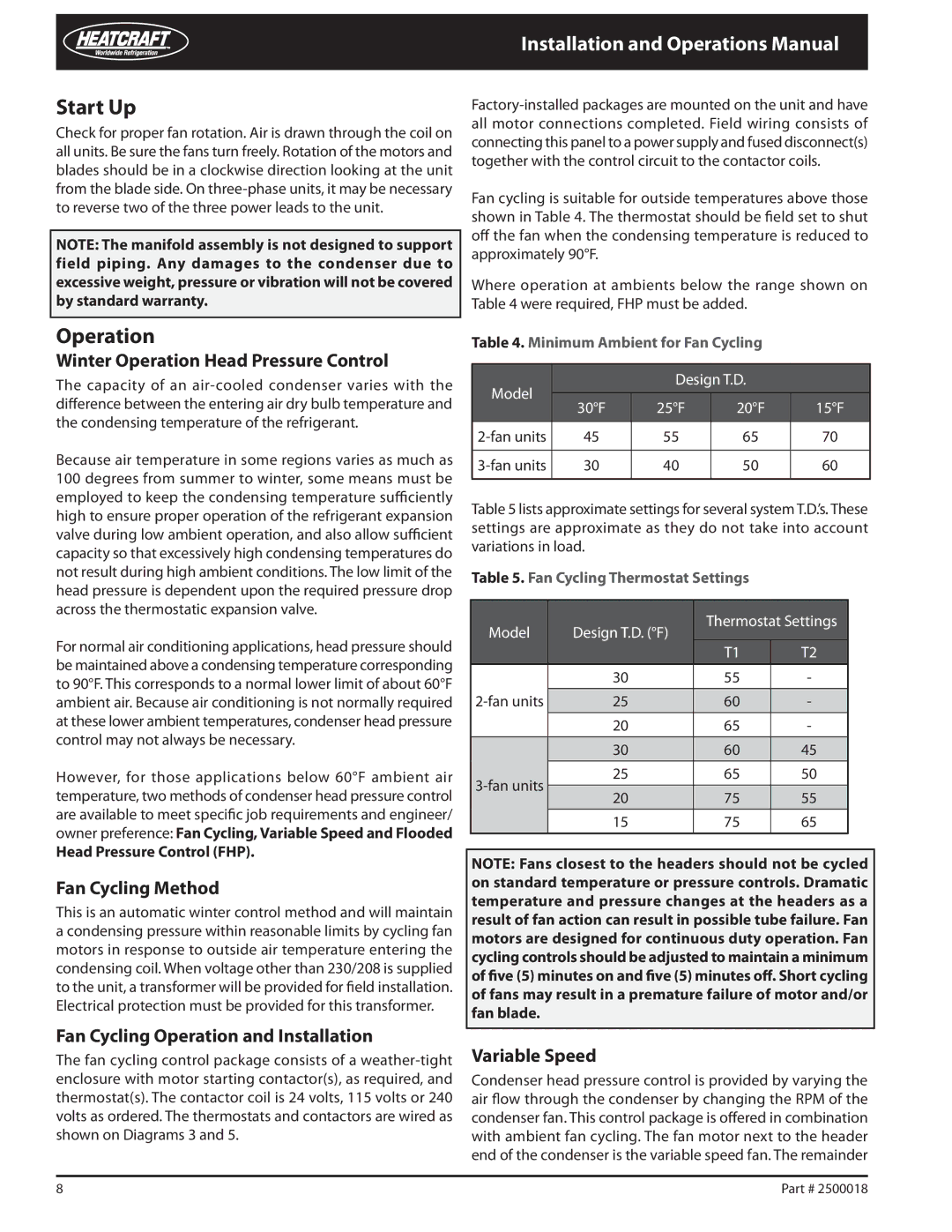 Heatcraft Refrigeration Products 2500018 warranty Start Up, Operation 