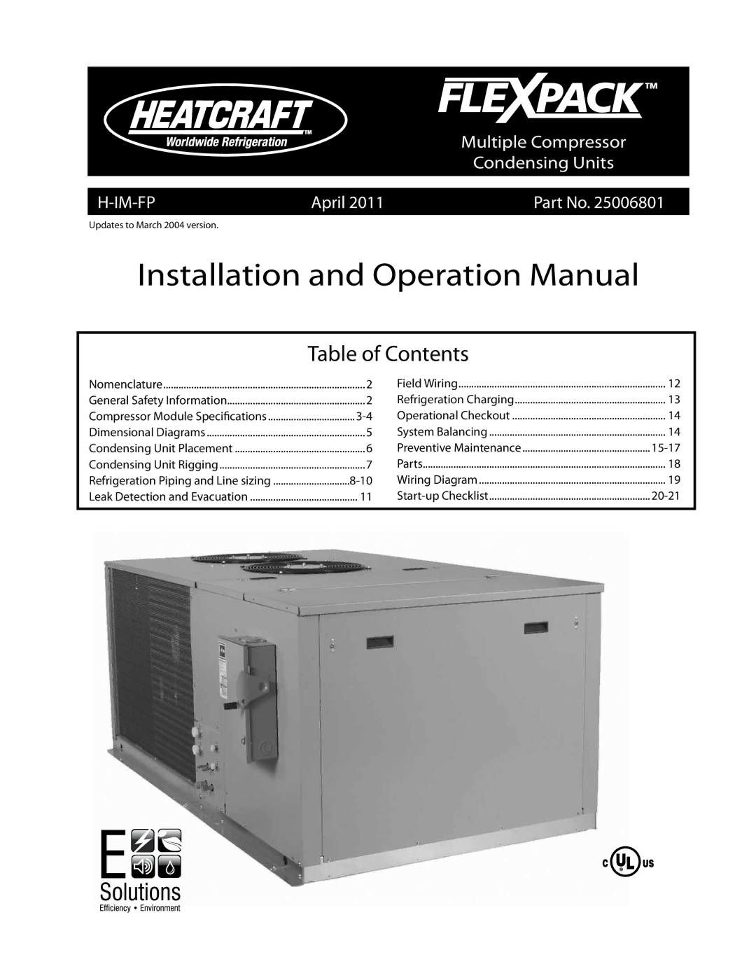 Heatcraft Refrigeration Products 25006801 operation manual Table of Contents 