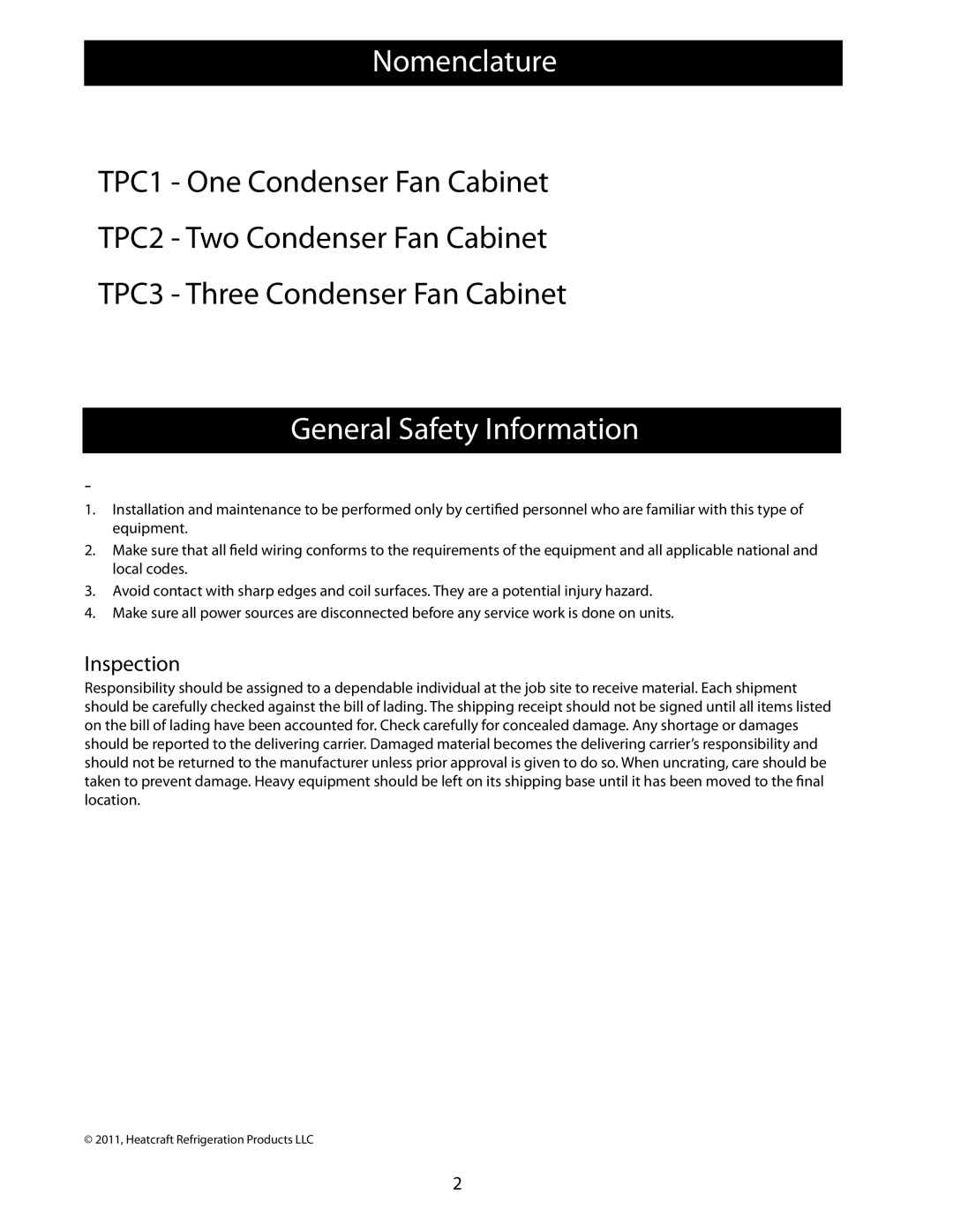 Heatcraft Refrigeration Products 25006801 operation manual Nomenclature, General Safety Information, Inspection 