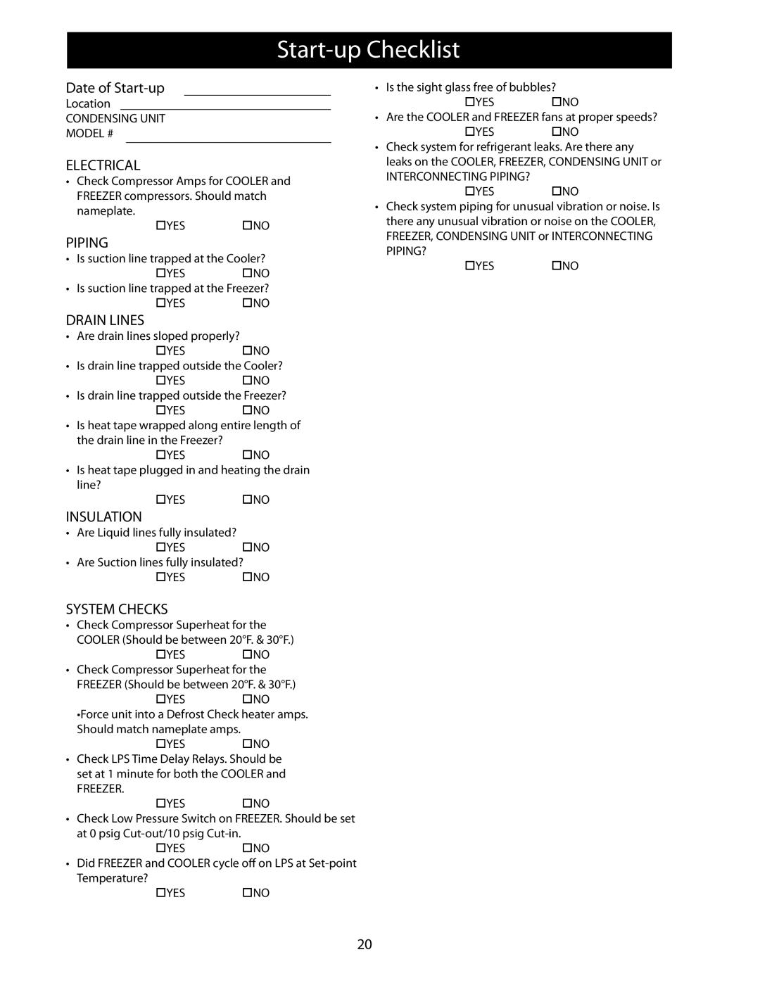 Heatcraft Refrigeration Products 25006801 operation manual Start-up Checklist, Piping 