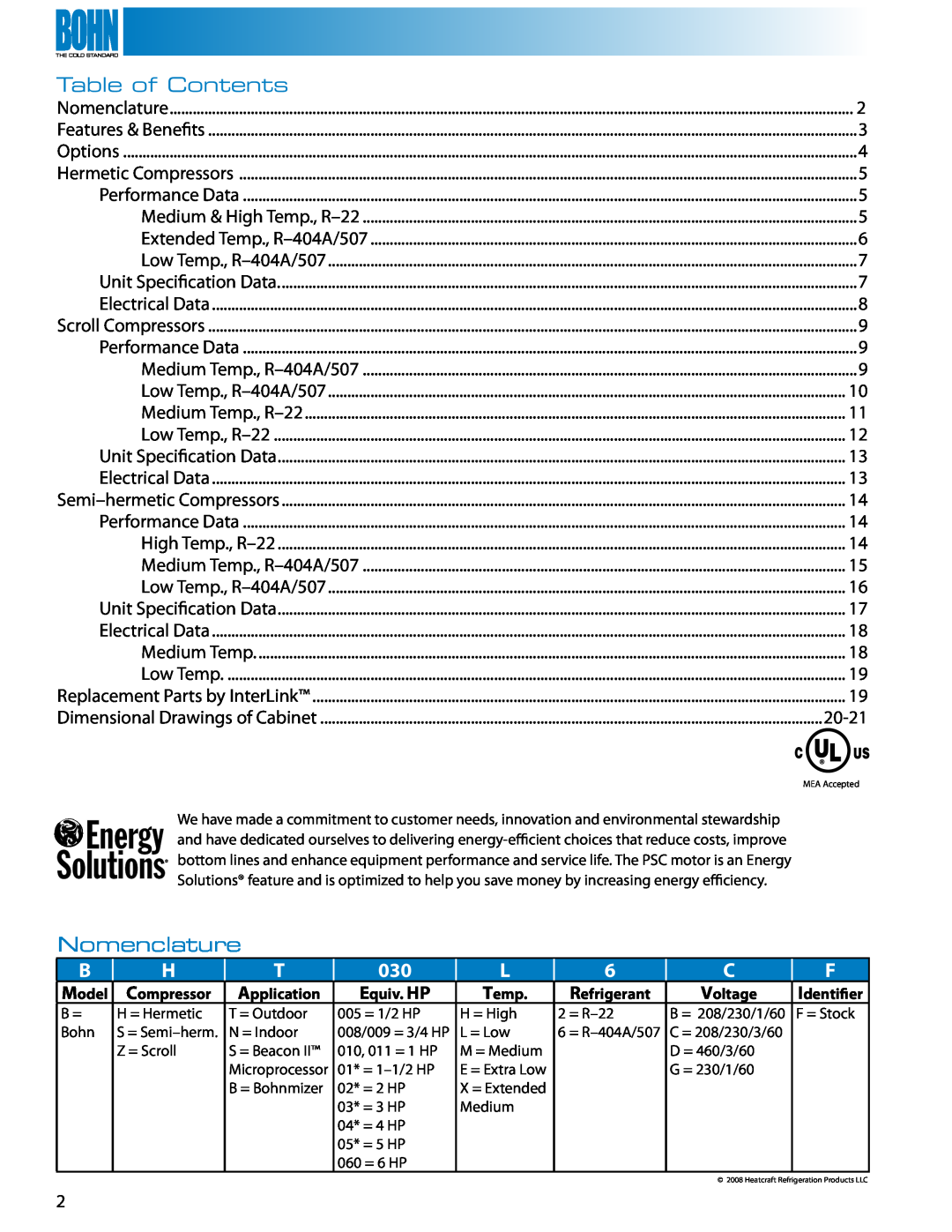 Heatcraft Refrigeration Products Air-Cooled Condensing Units manual Table of Contents, Nomenclature 