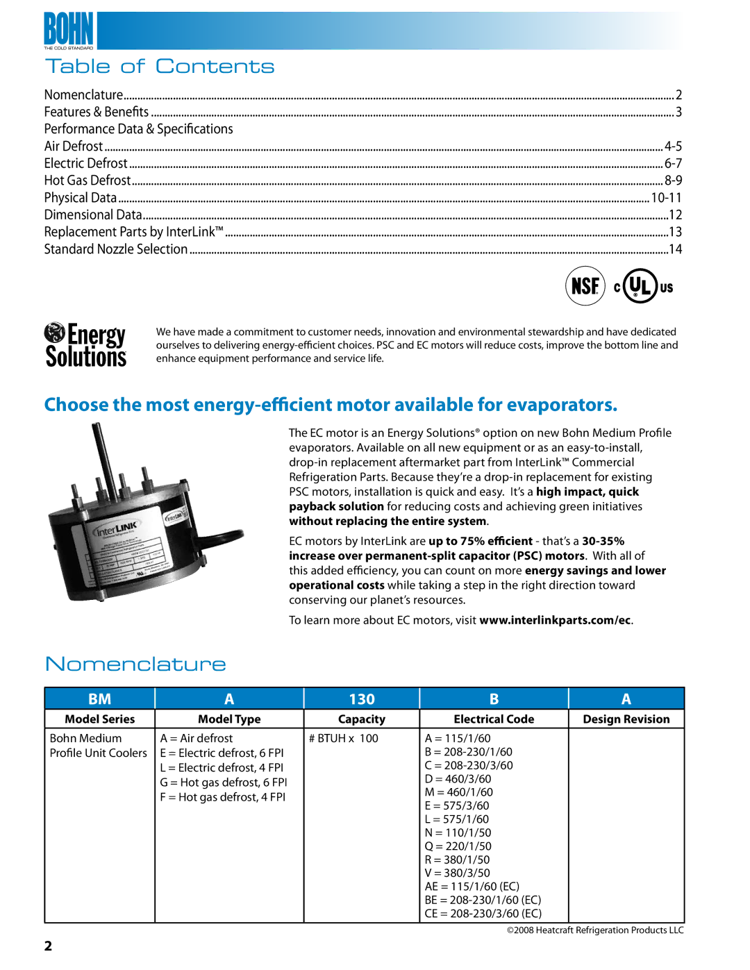 Heatcraft Refrigeration Products BMF, BMA, BMG, BME, BML manual Table of Contents, Nomenclature 