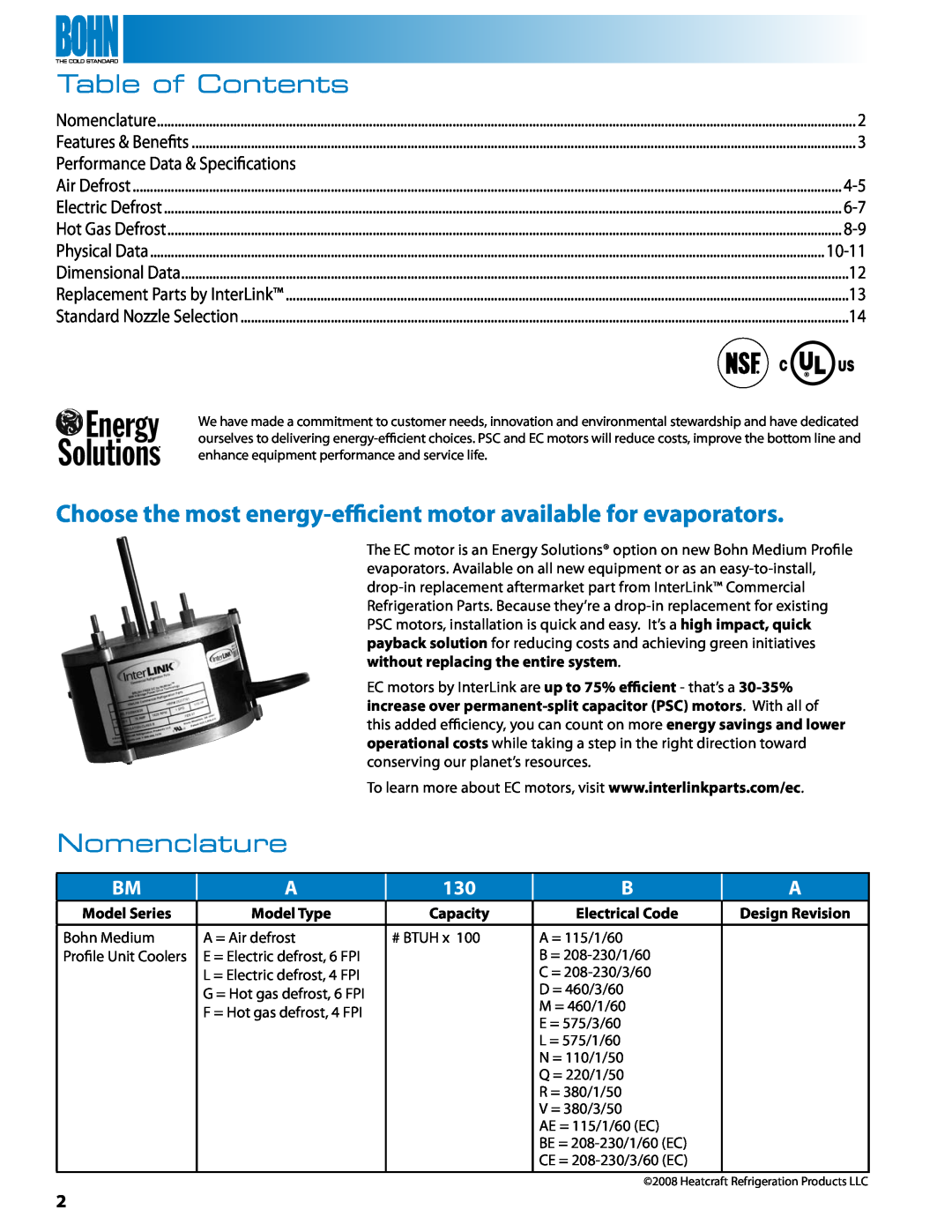Heatcraft Refrigeration Products BMF Table of Contents, Nomenclature, Model Series, Model Type, Capacity, Electrical Code 